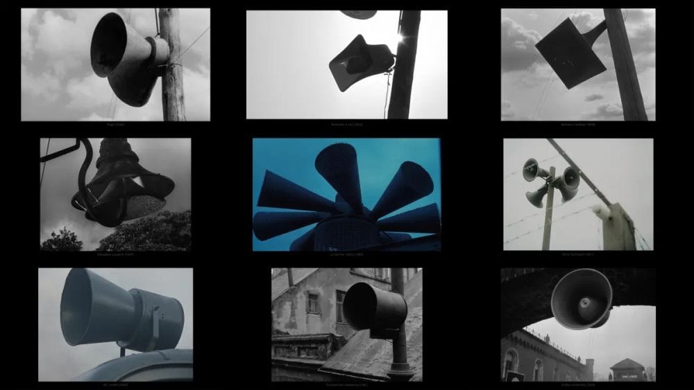 A collage of film stills showing speakers in films about the Holocaust.