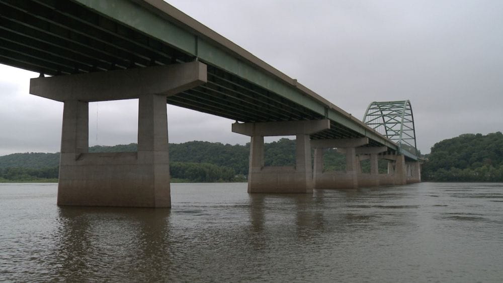 The Dubuque-Wisconsin Bridge in Iowa. Large concrete pillars with square cutouts.