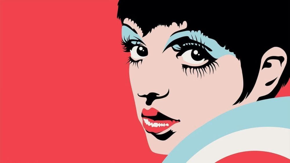 A stylised illustration of Liza Minnelli with bright red lips and blue eyeshadow and a short cropped hairdo.