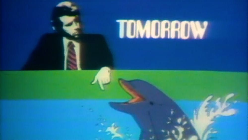 A retro television graphic of a news reader and a dolphin.