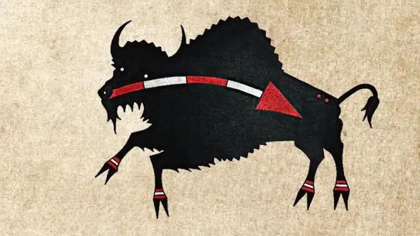 An illustration of a buffalo by John Isaiah Pepion, a Plains Indian artist from the Pikani Band of the Blackfoot confederacy