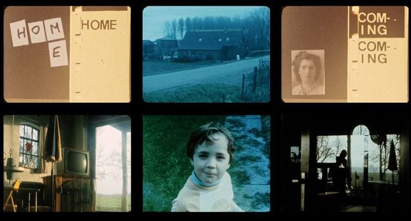 A collage of 16mm images from Homecomings including a child, a house in winter, a tv set and the title card.