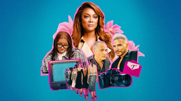 Prominent people from America's Next Top Model arranged in a stylised collage featuring a photography camera, a boxy tv and a catwalk of female models.