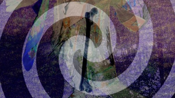 A human bone surrounded by a swirling, psychedelic design.