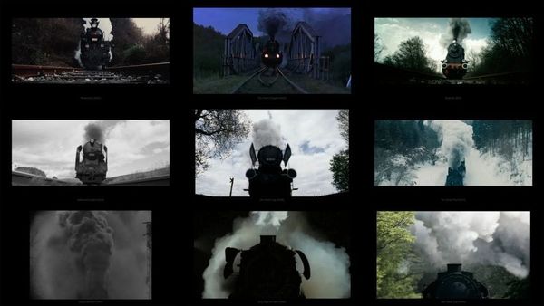 Collage of trains from film stills of nine films about he Holocaust.