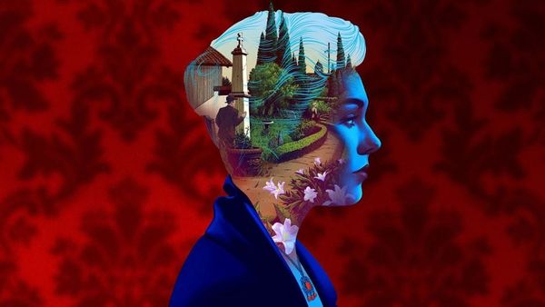 A graphic reworking of Kim Novak in Vertigo featuring notable images from the film.