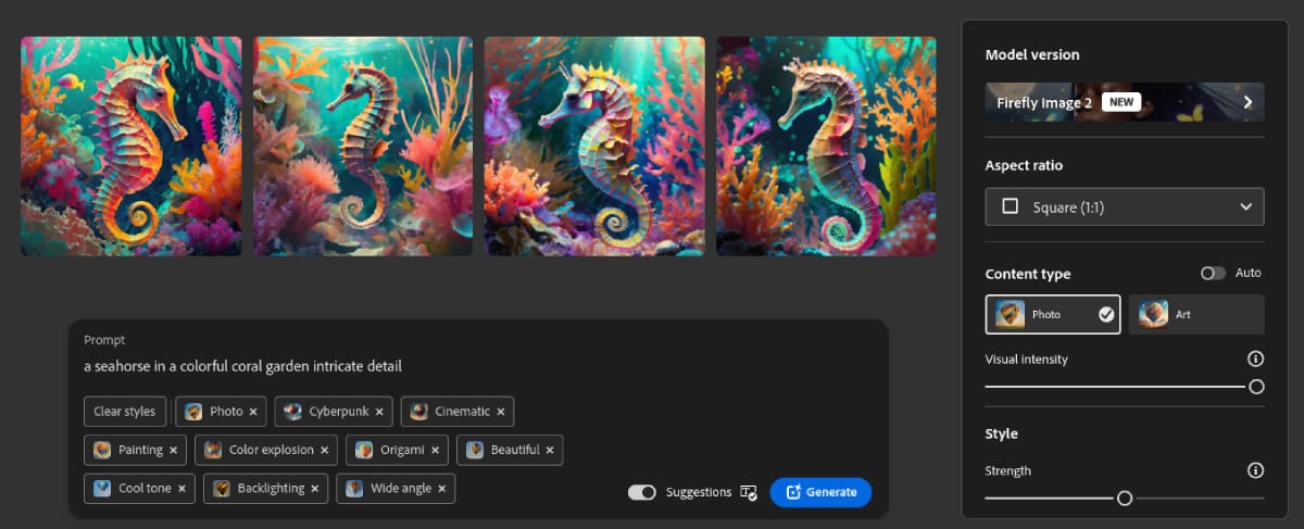 Interface of Adobe Firefly AI Art Generator
