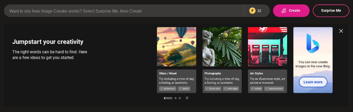 Interface of Microsoft Bing AI Image Creator