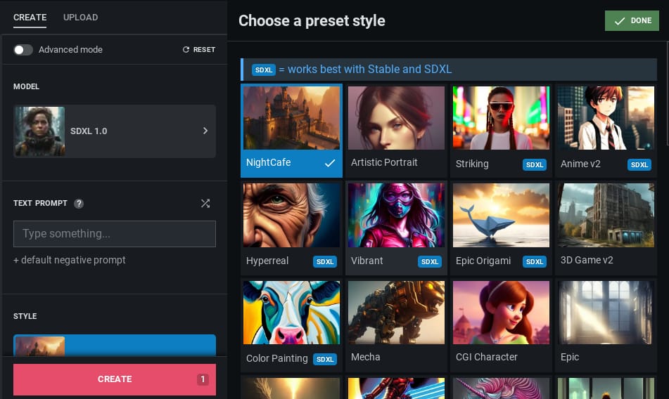Interface of NightCafe AI Art Generator