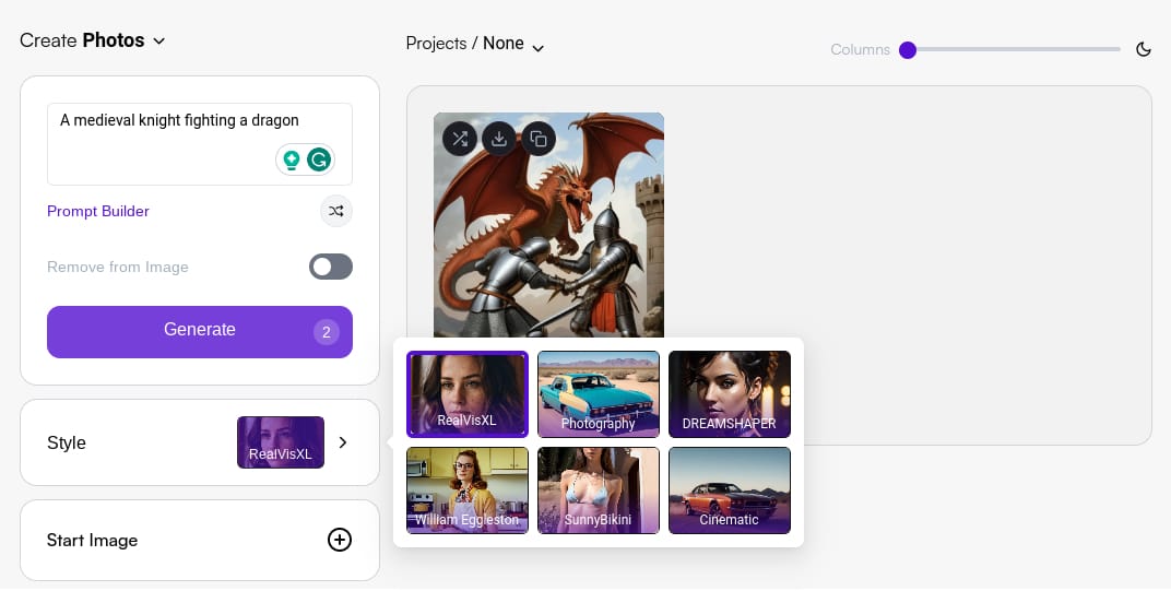Interface of starryai AI Image Generator