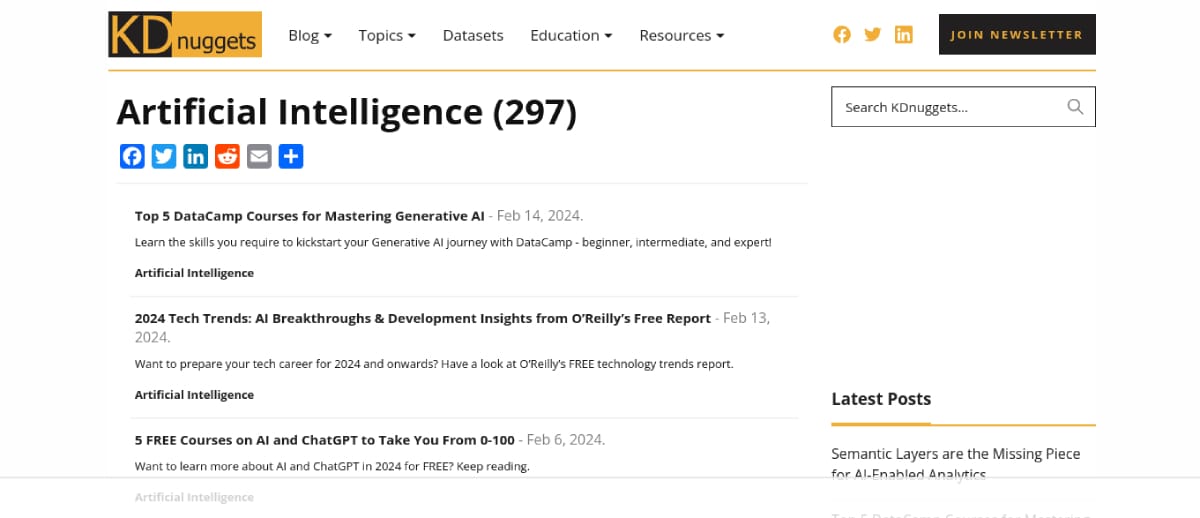 Screenshot of KDnuggets AI Blog Section