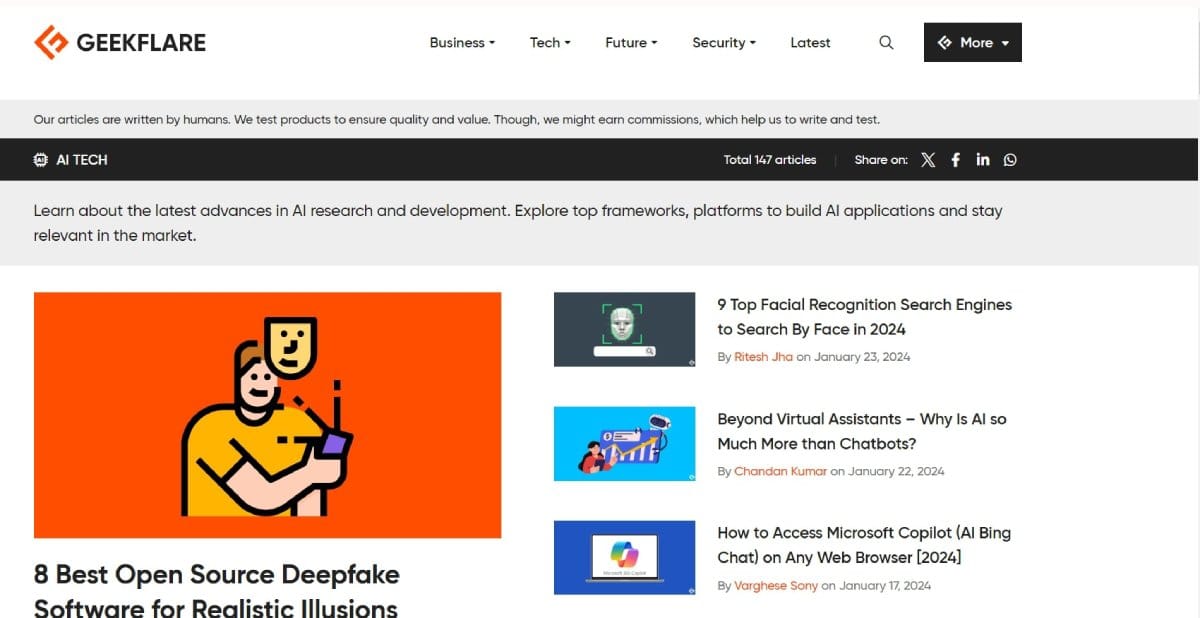 Screenshot of the AI Section of Geekflare