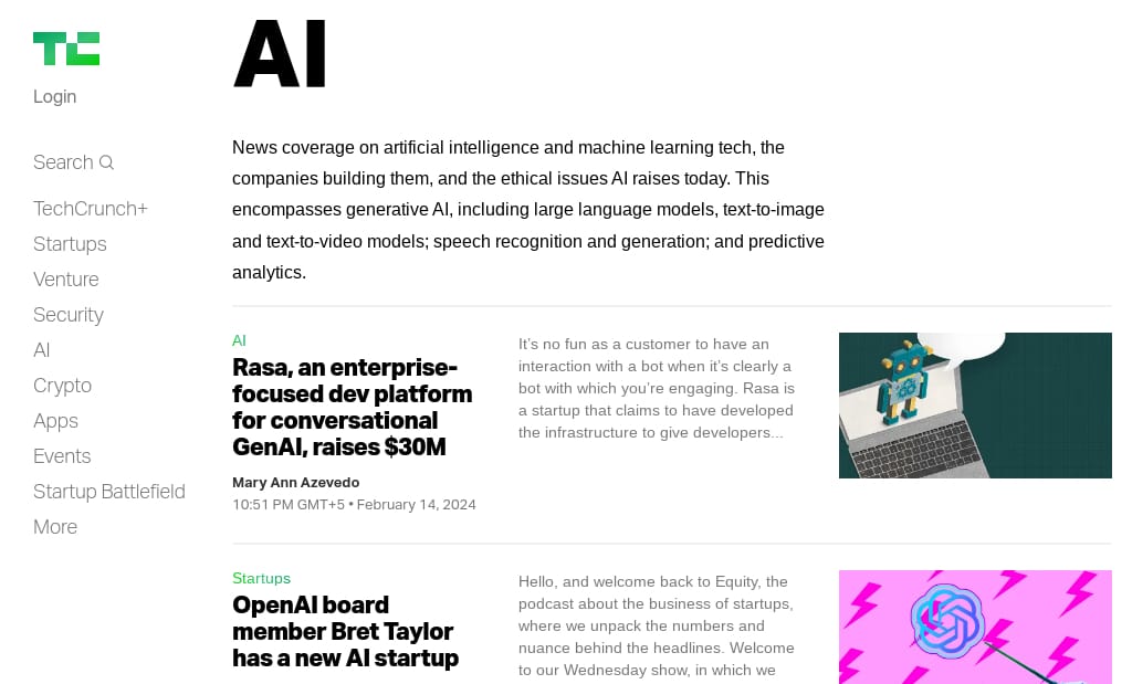 Screenshot of the AI Section of TechCrunch
