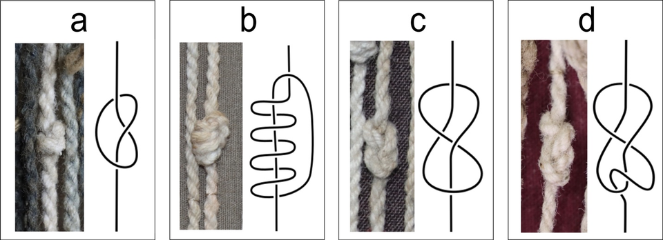 Photos of four example knots, each accompanied by a drawing of their form