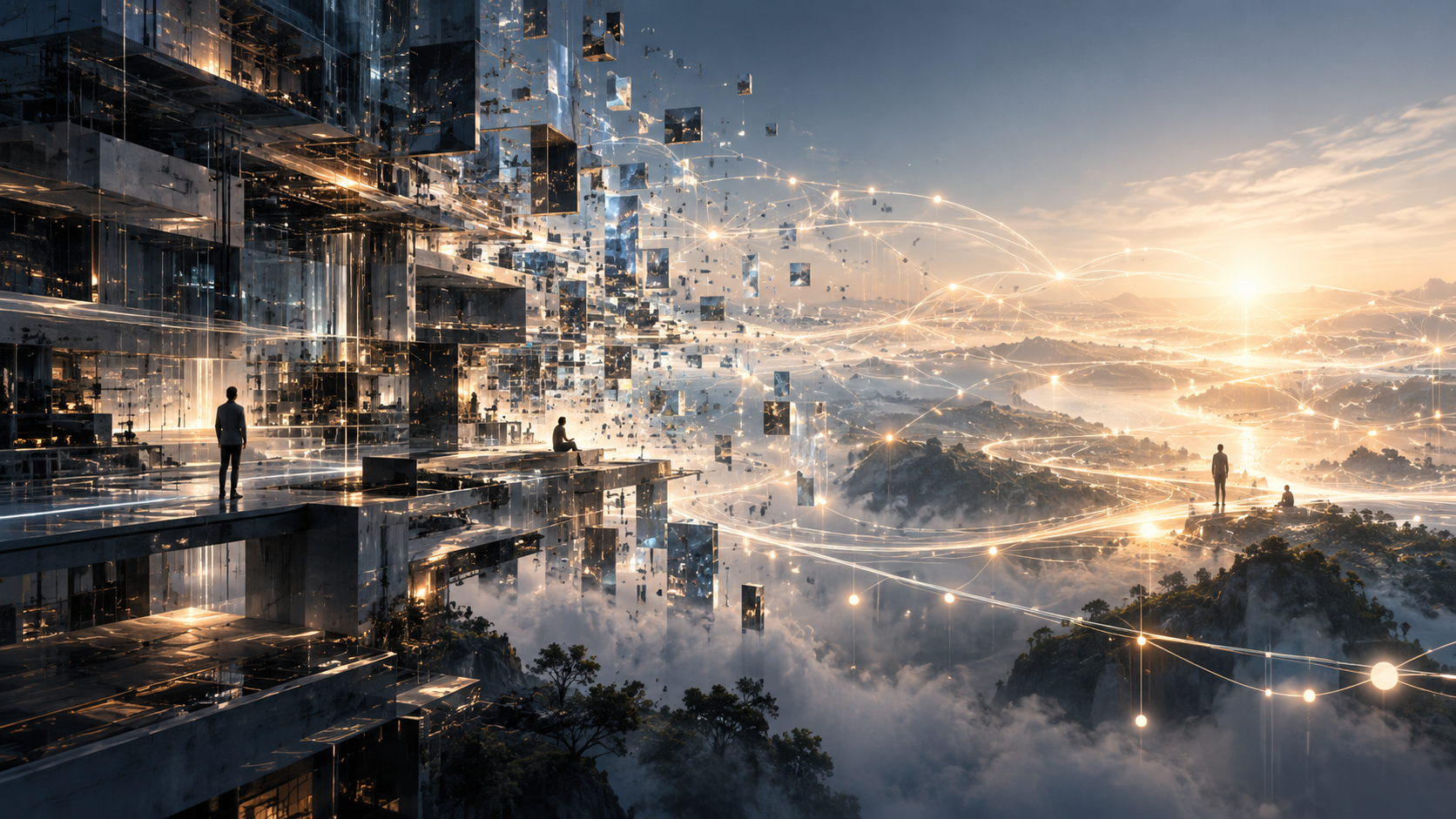 Layered technological structures dissolving into a luminous network across an open landscape.