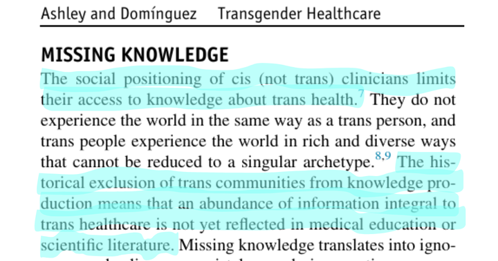 Excerpt from an article in the journal Transgender Healthcare: The social position of cis clinicians limits their access to knowledge about trans health.