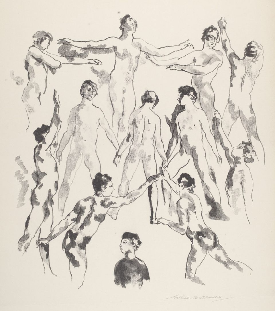 A black and white drawing of 12 male nudes in different postures