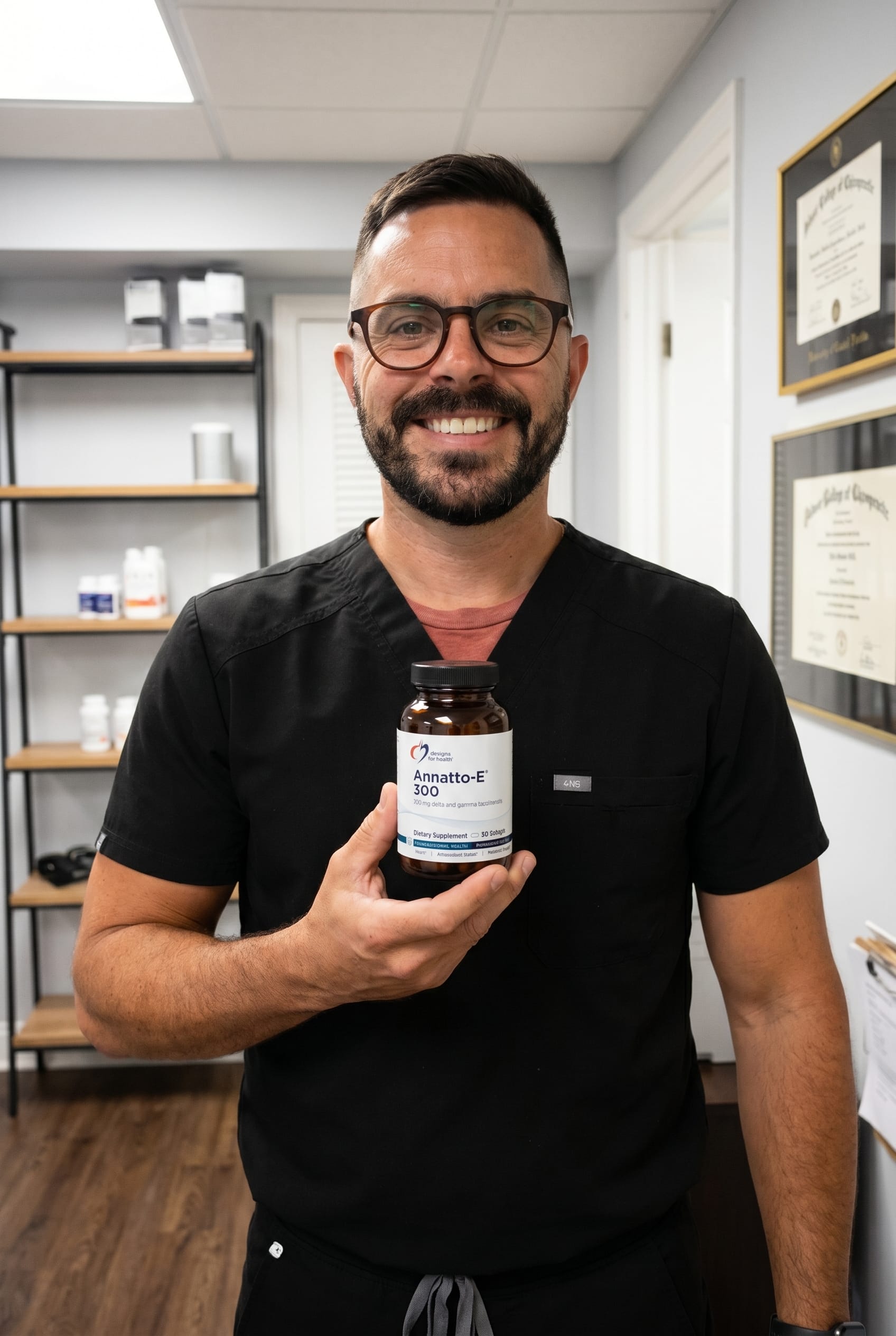 Dr. Bell holding Annatto-E 300