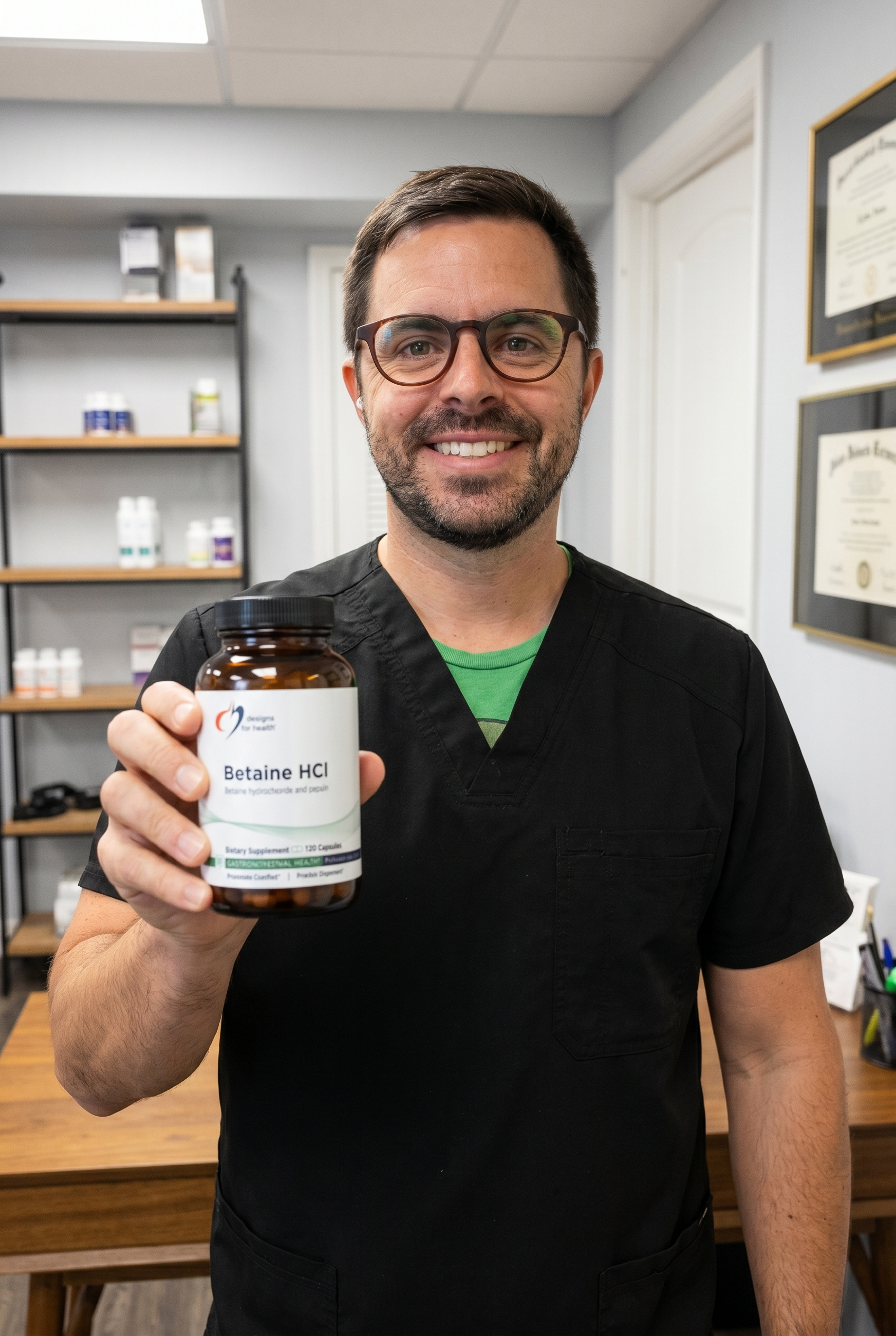 Dr. Bell holding Betaine HCl