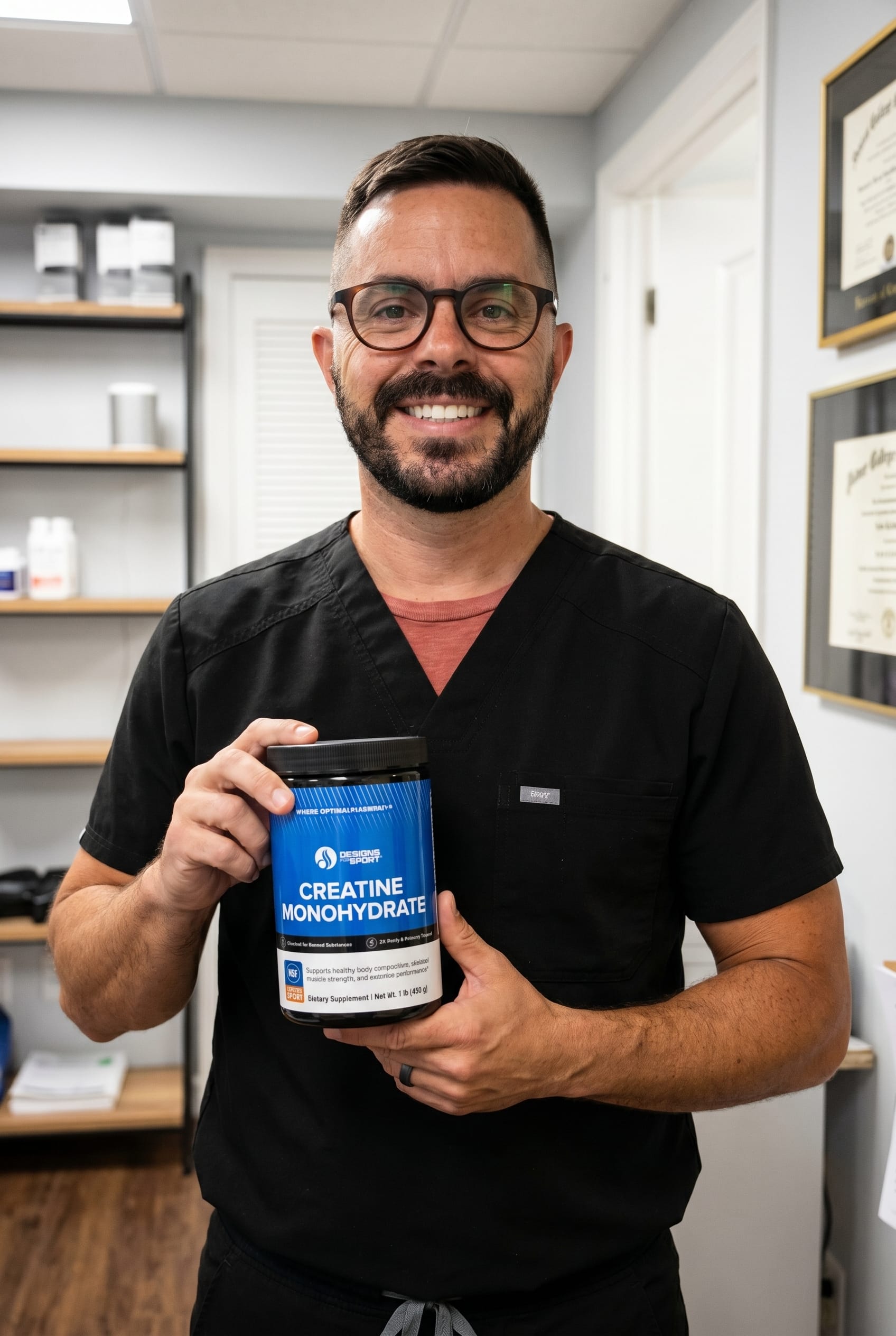 Dr. Bell holding Creatine Monohydrate