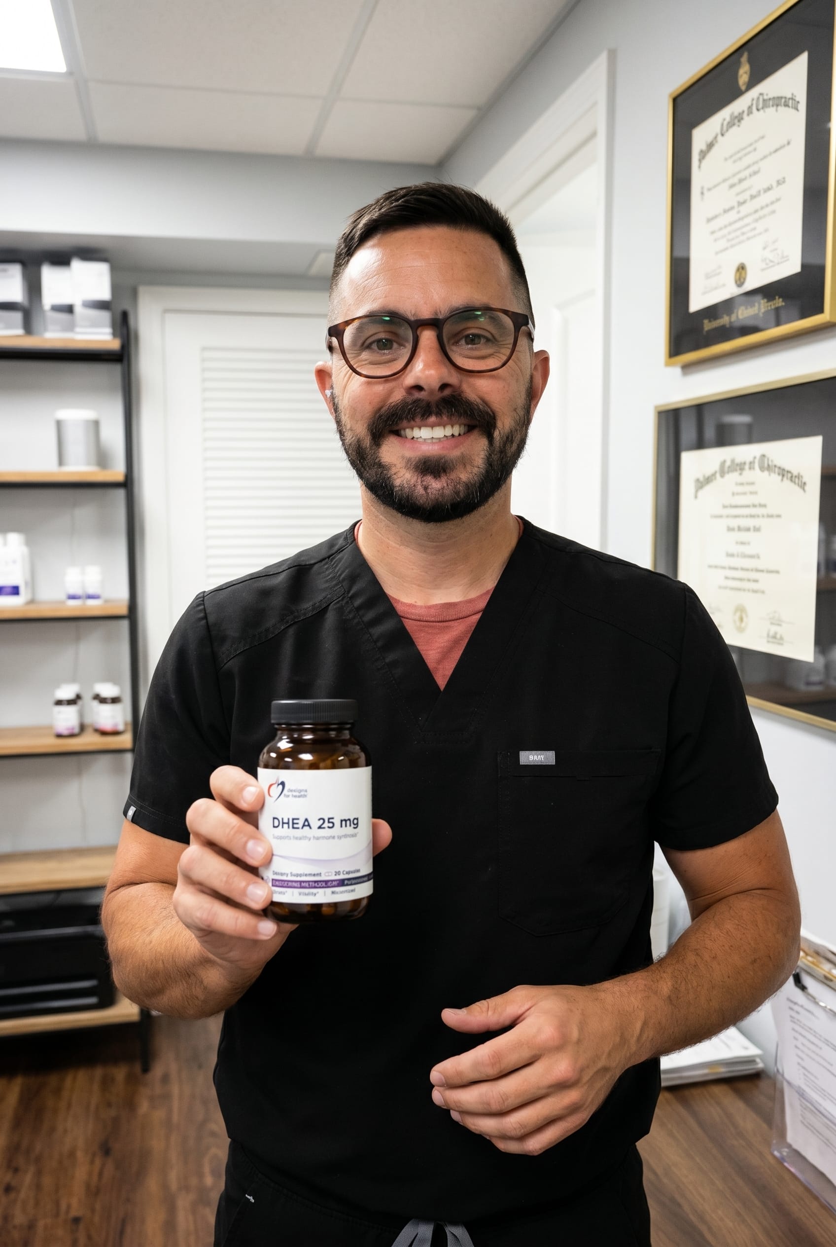 Dr. Bell holding DHEA 25mg