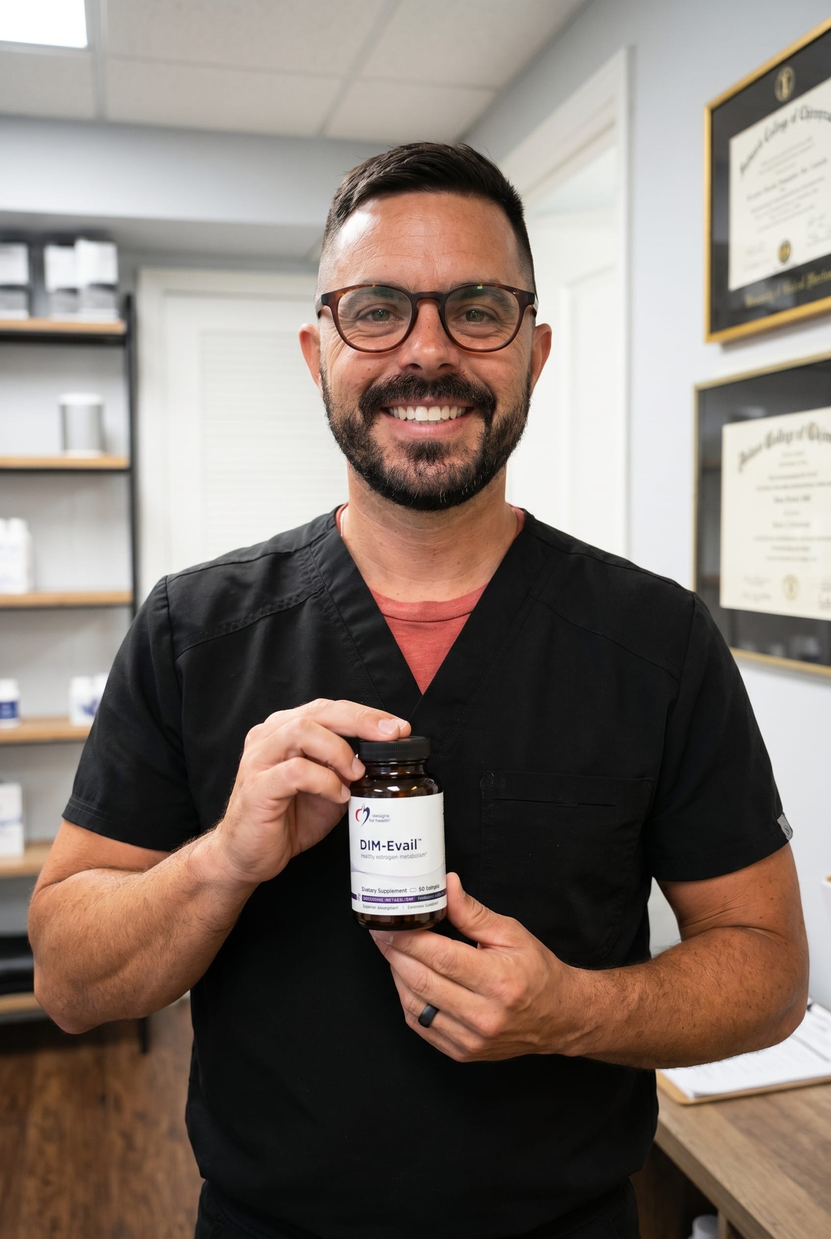 Dr. Bell holding DIM-Evail