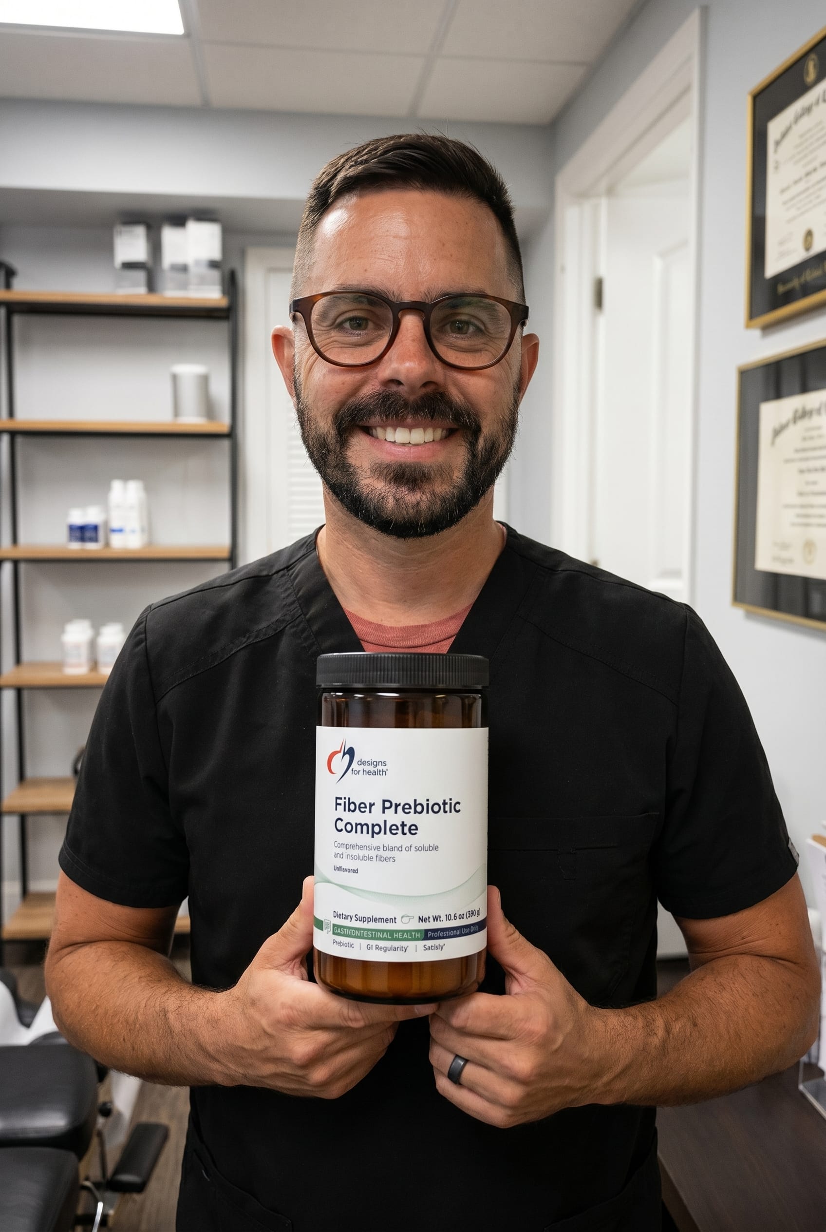 Dr. Bell holding Fiber Prebiotic Complete