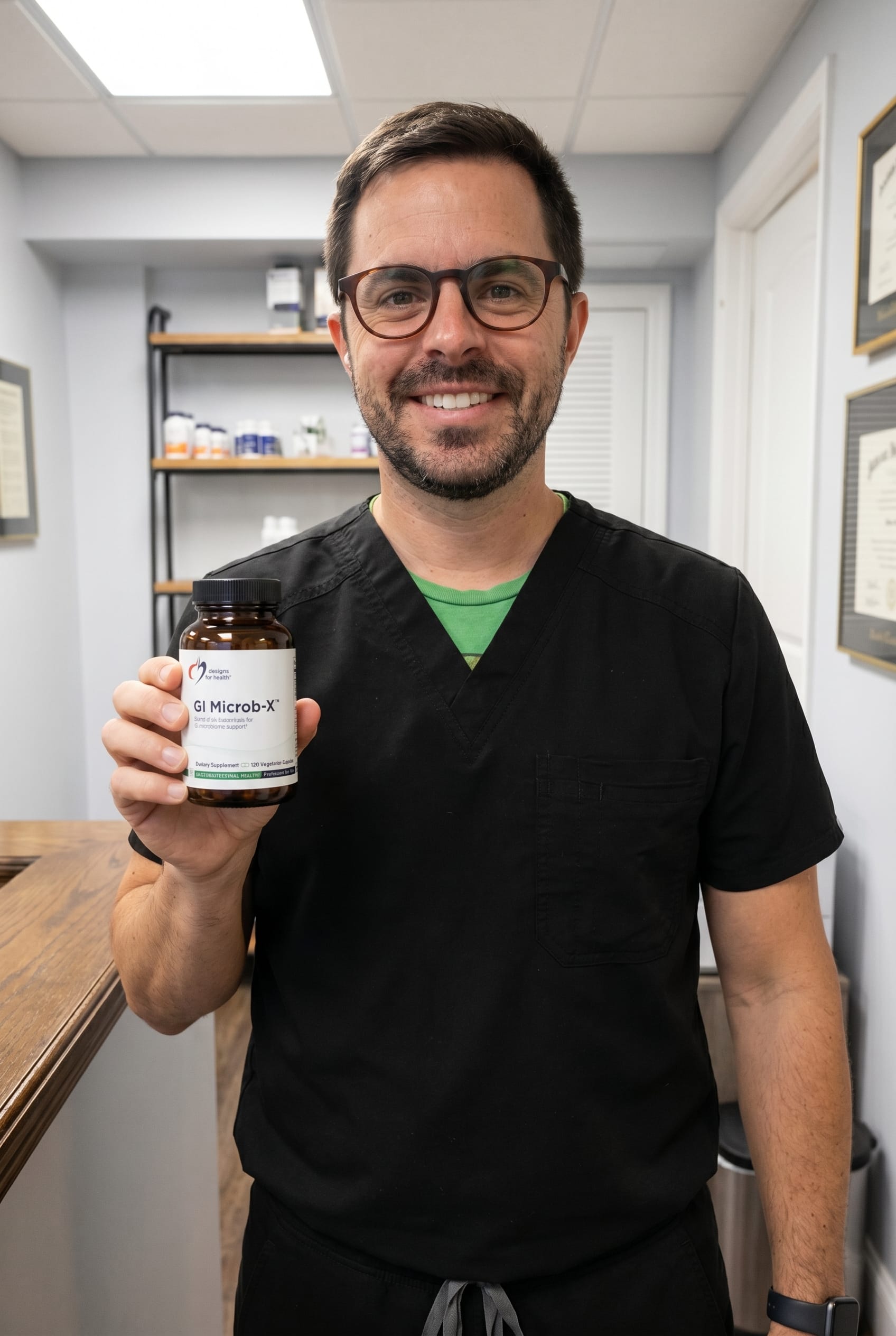 Dr. Bell holding GI Microb-X