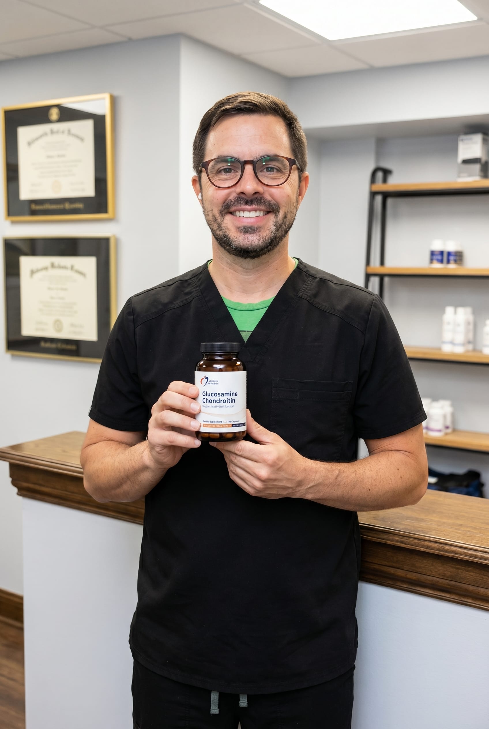 Dr. Bell holding Glucosamine Chondroitin