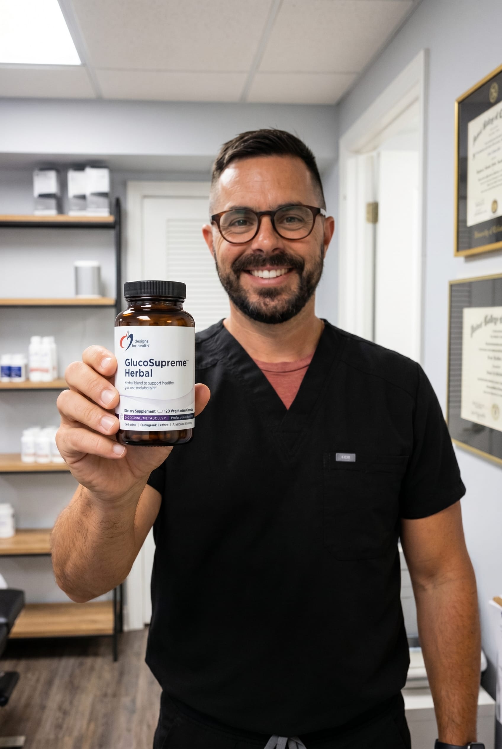 Dr. Bell holding GlucoSupreme Herbal