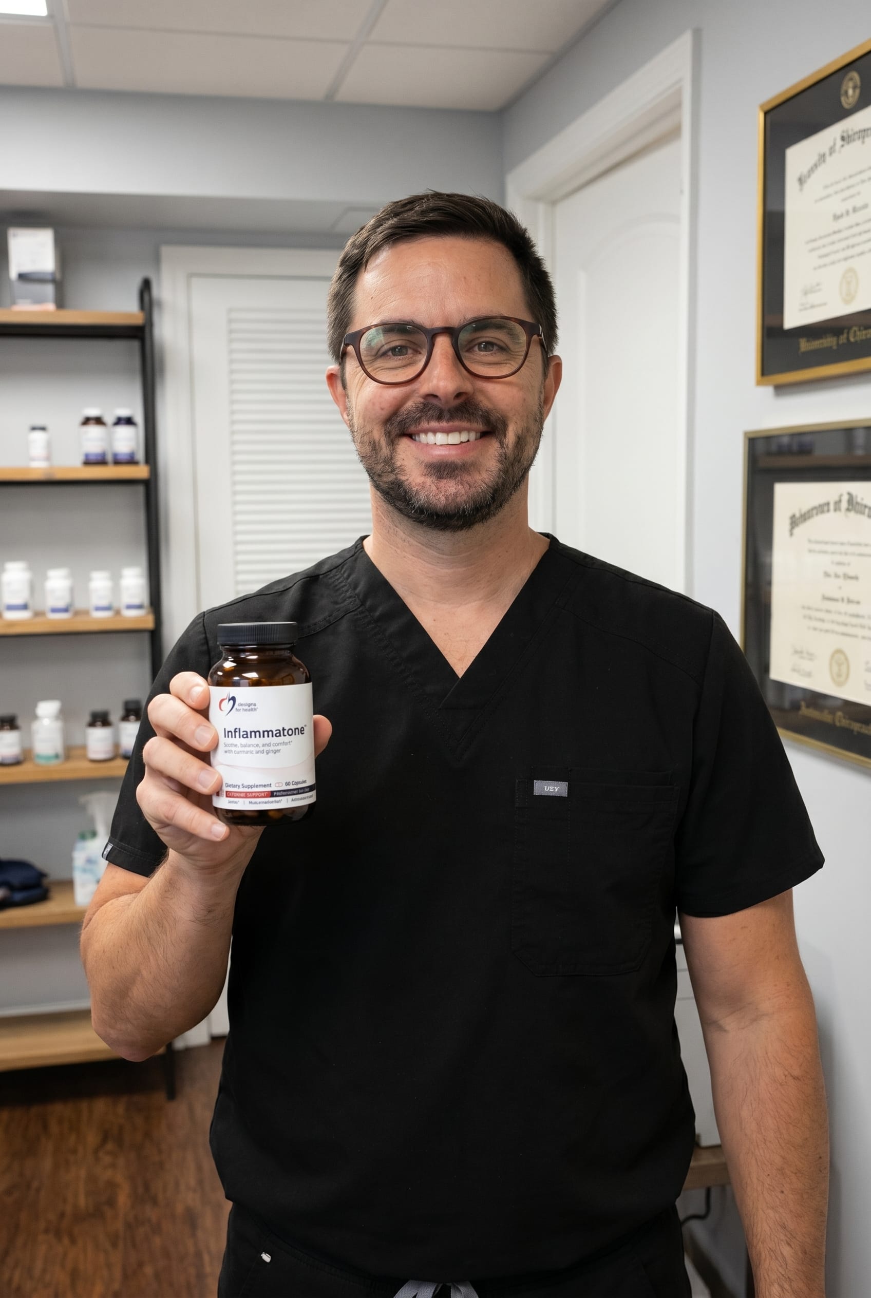 Dr. Bell holding Inflammatone
