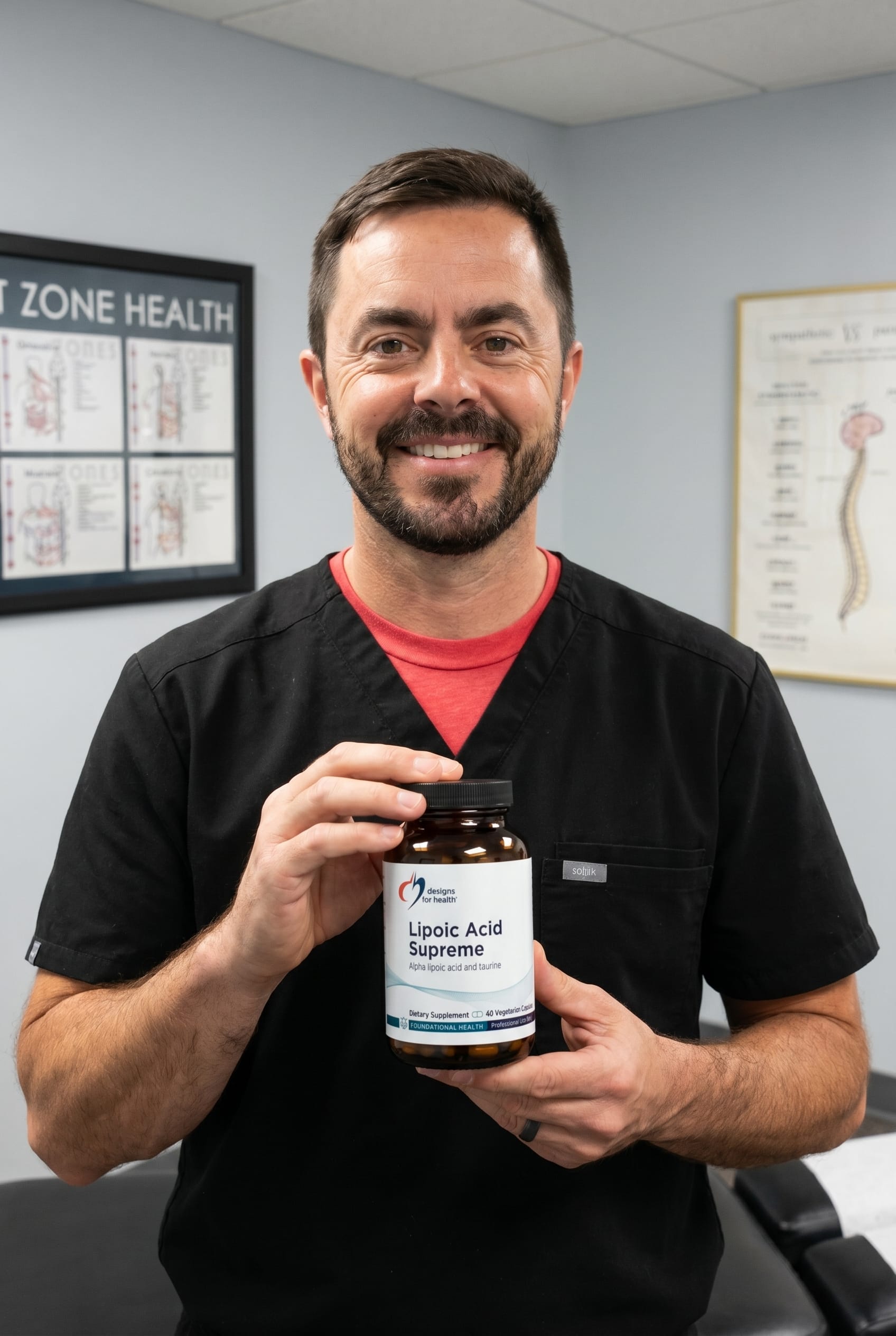 Dr. Bell holding Lipoic Acid Supreme