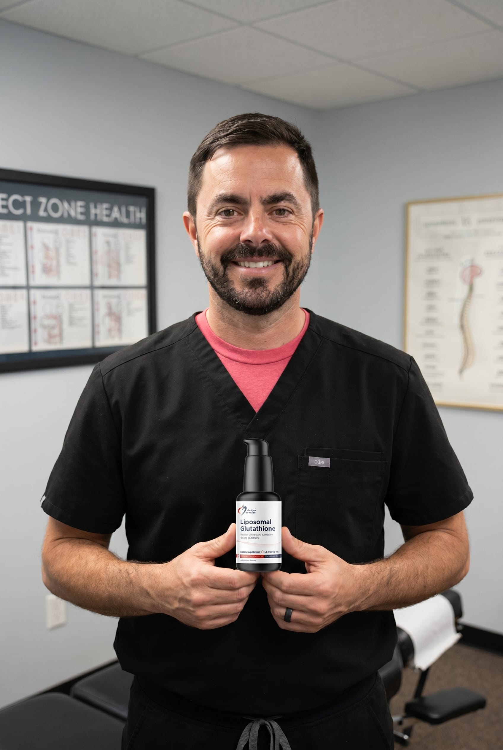 Dr. Bell holding Liposomal Glutathione
