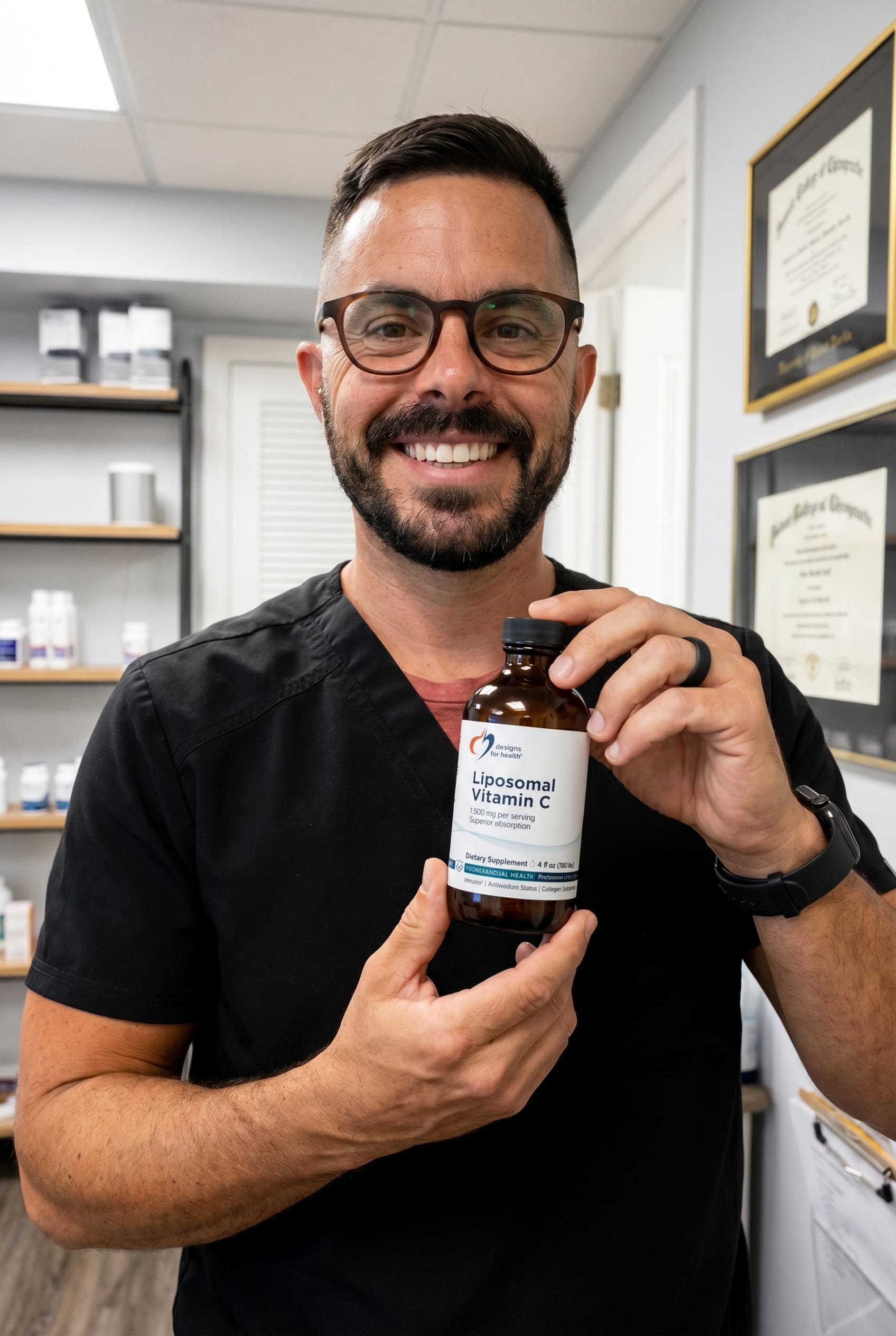 Dr. Bell holding Liposomal Vitamin C