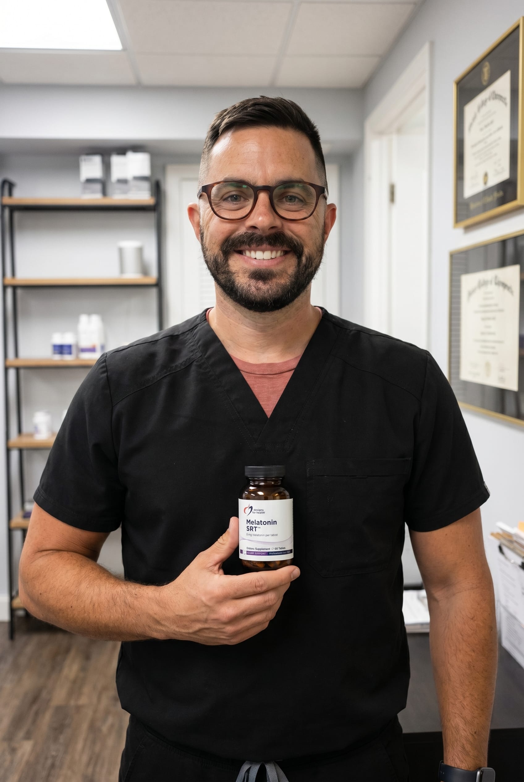 Dr. Bell holding Melatonin SRT