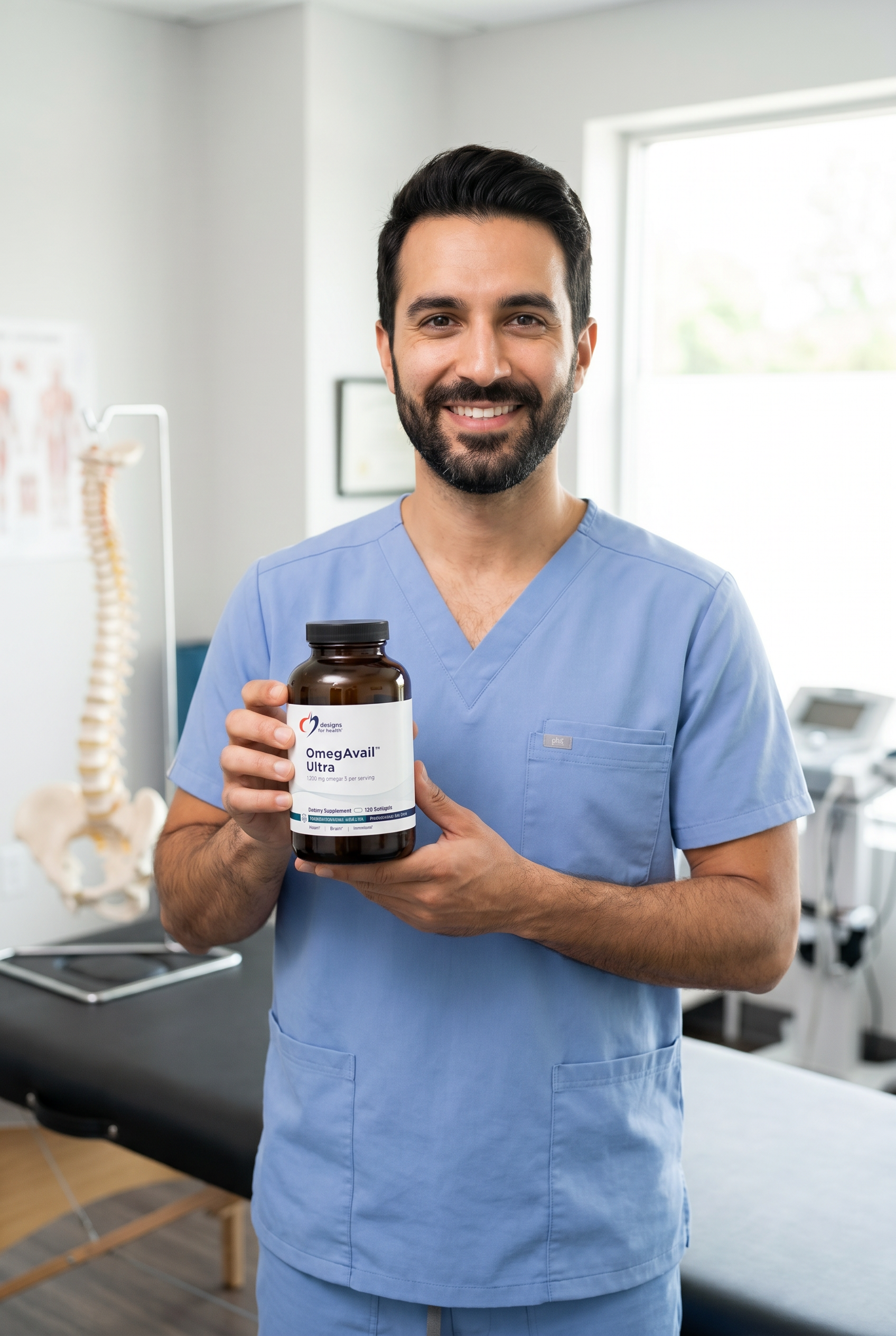 Dr. Bell holding omegavail-ultra