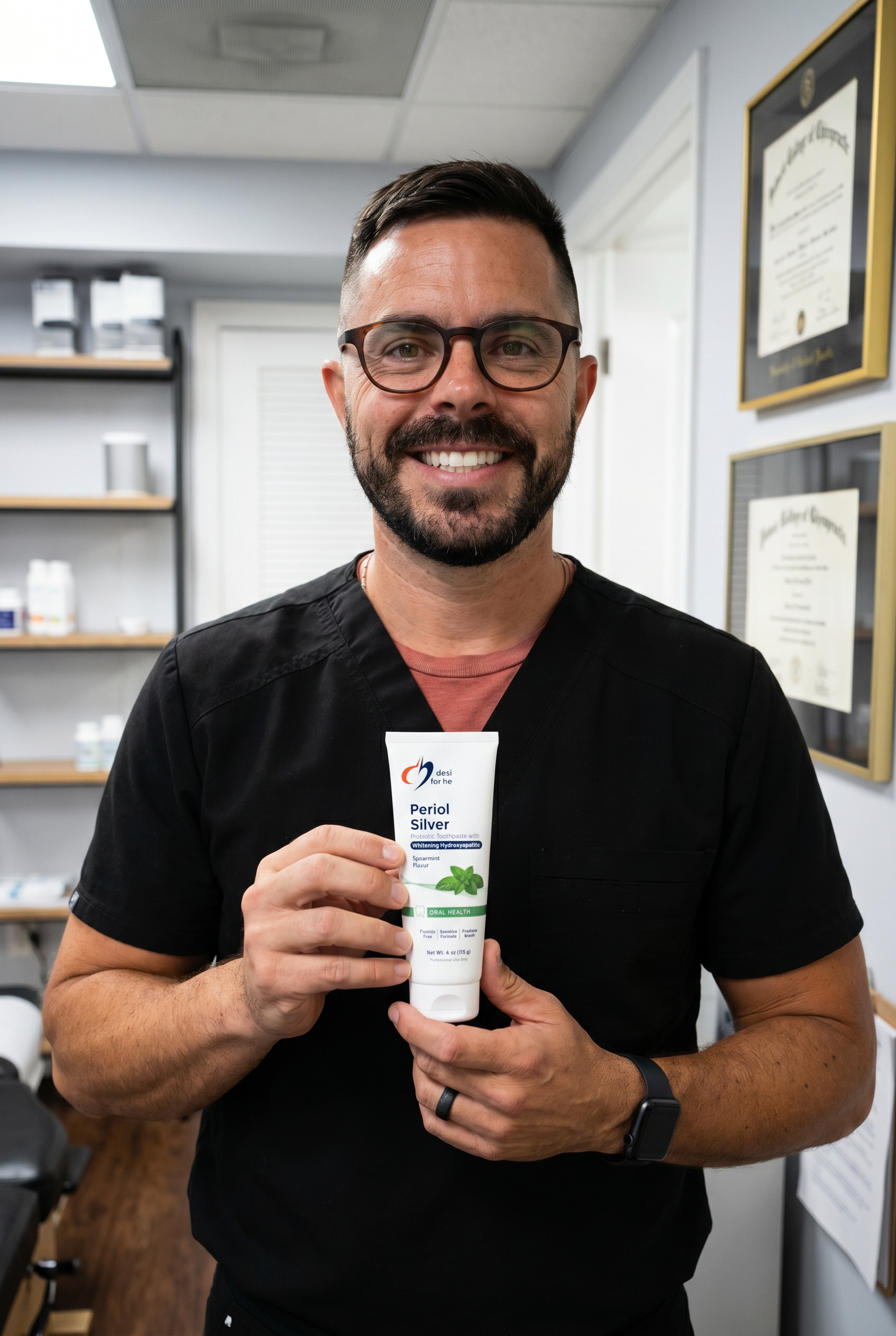 Dr. Bell holding Periobiotic Silver Toothpaste