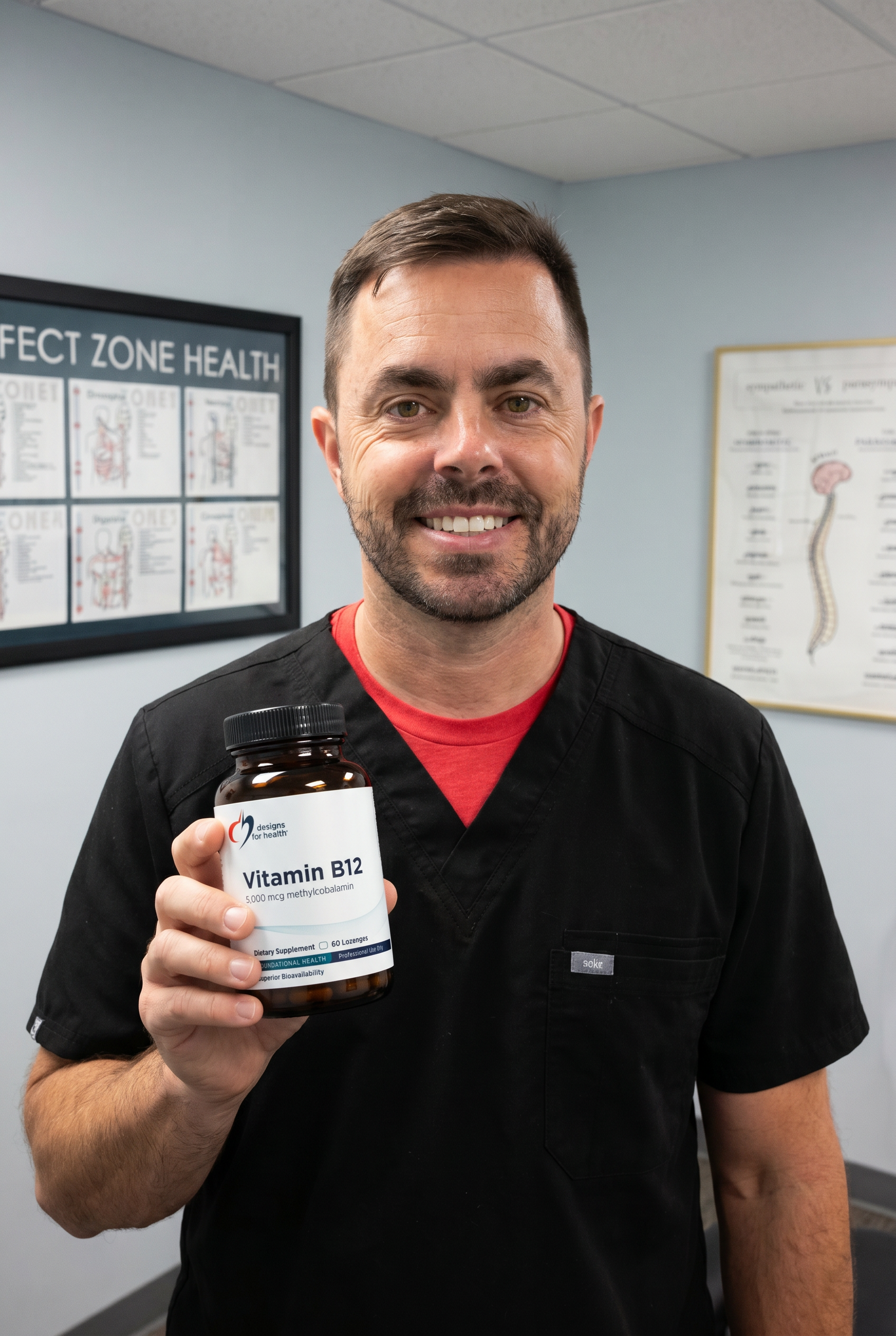 Dr. Bell holding Vitamin B12 Lozenges