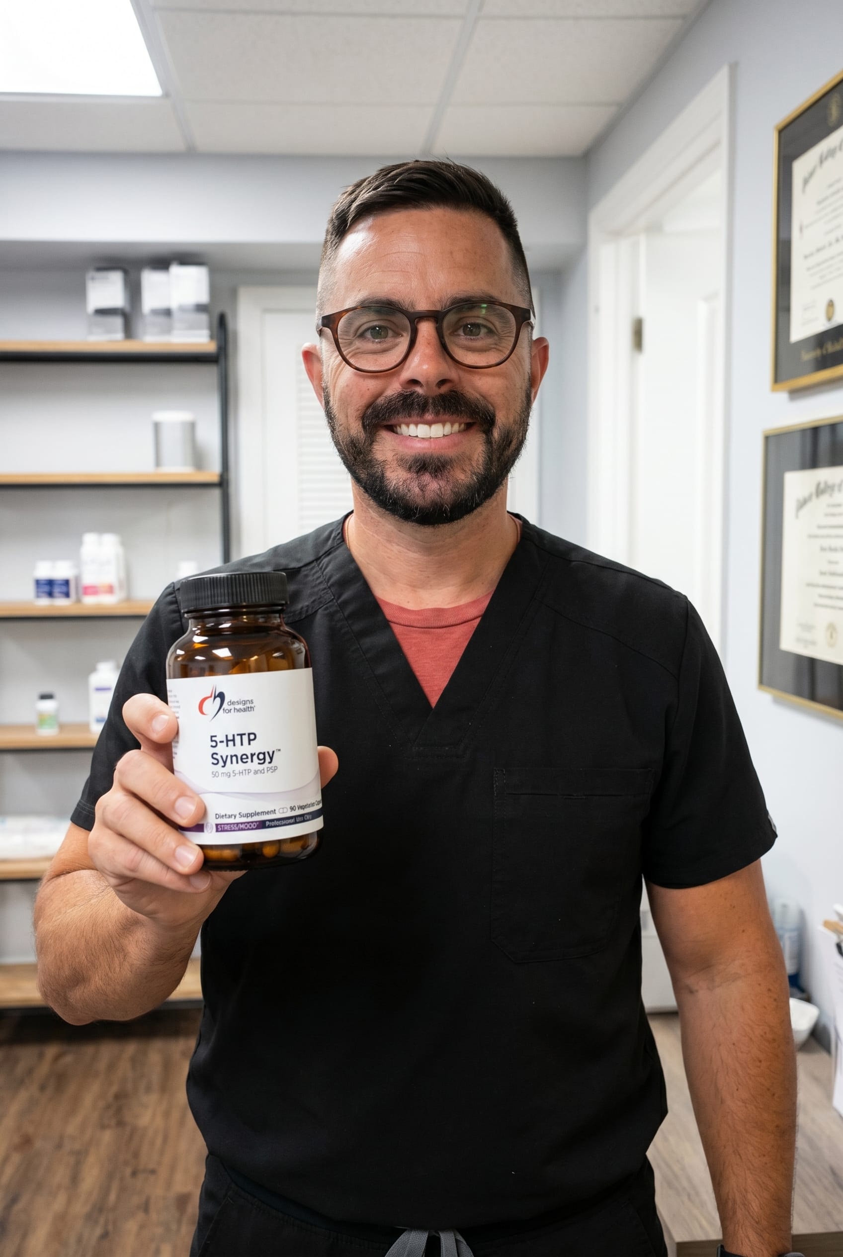 Dr. Bell holding 5htp-synergy