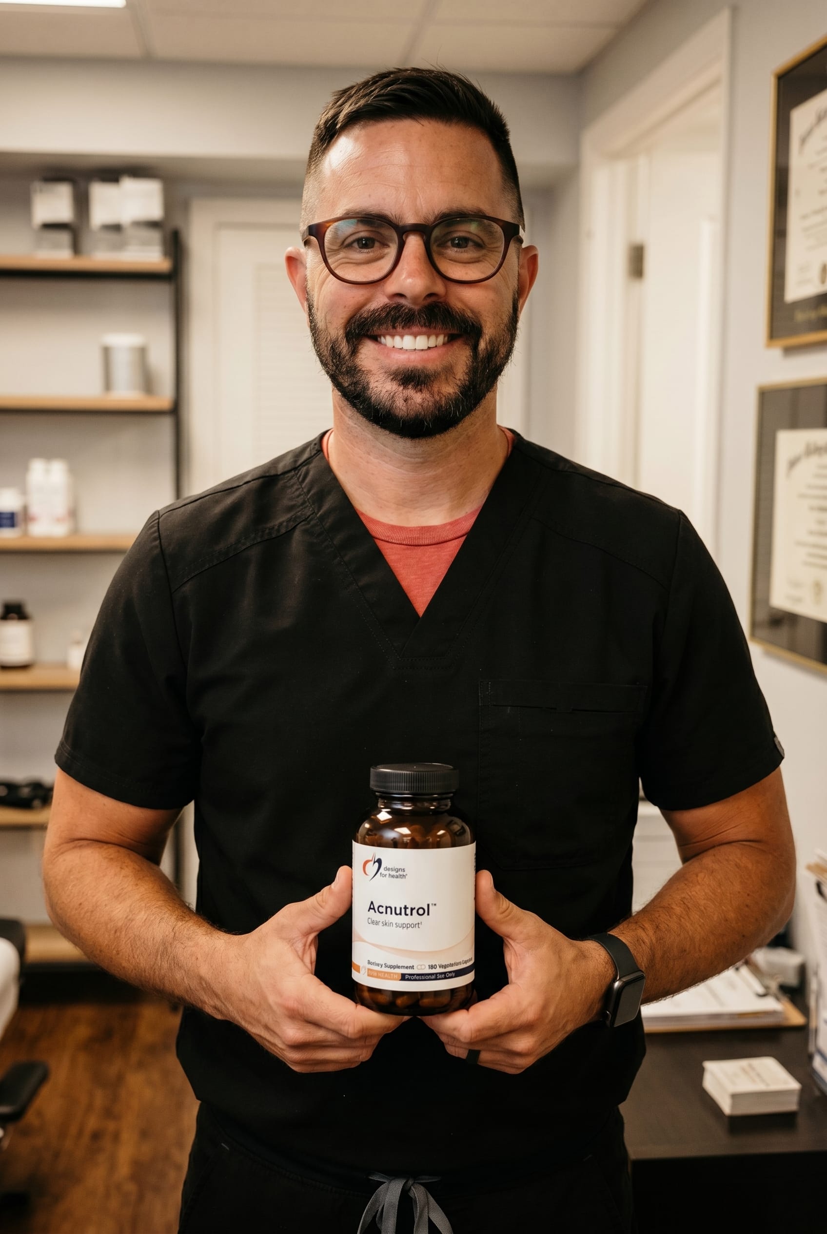 Dr. Bell holding acnutrol-capsules