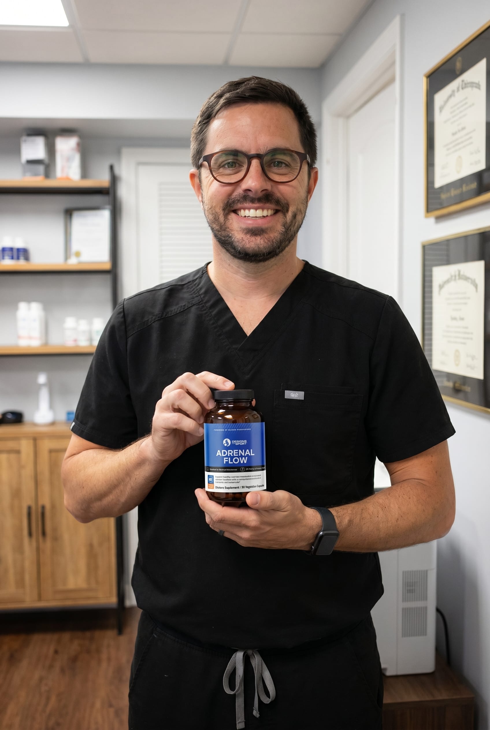 Dr. Bell holding adrenal-flow-ds