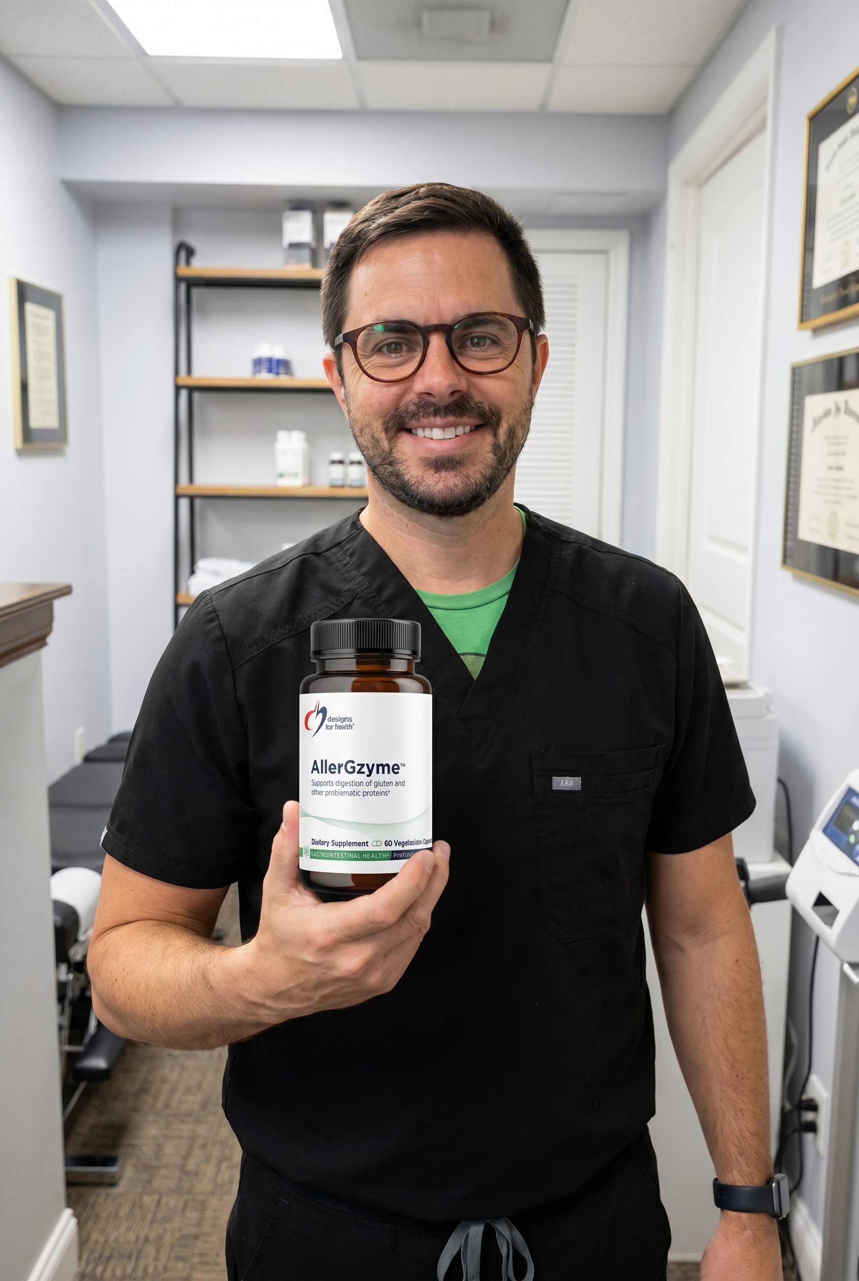 Dr. Bell holding allergzyme