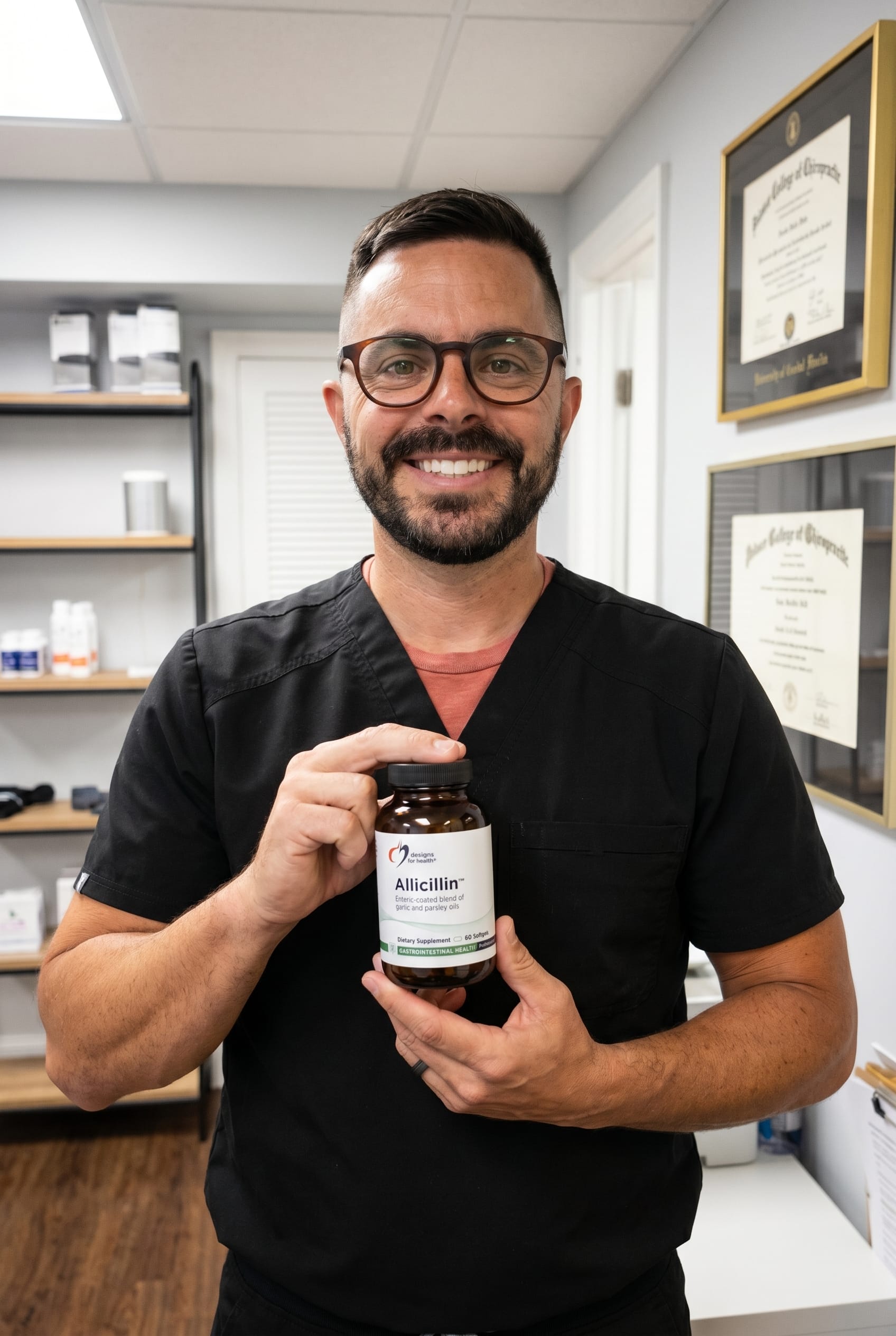 Dr. Bell holding allicillin-softgels