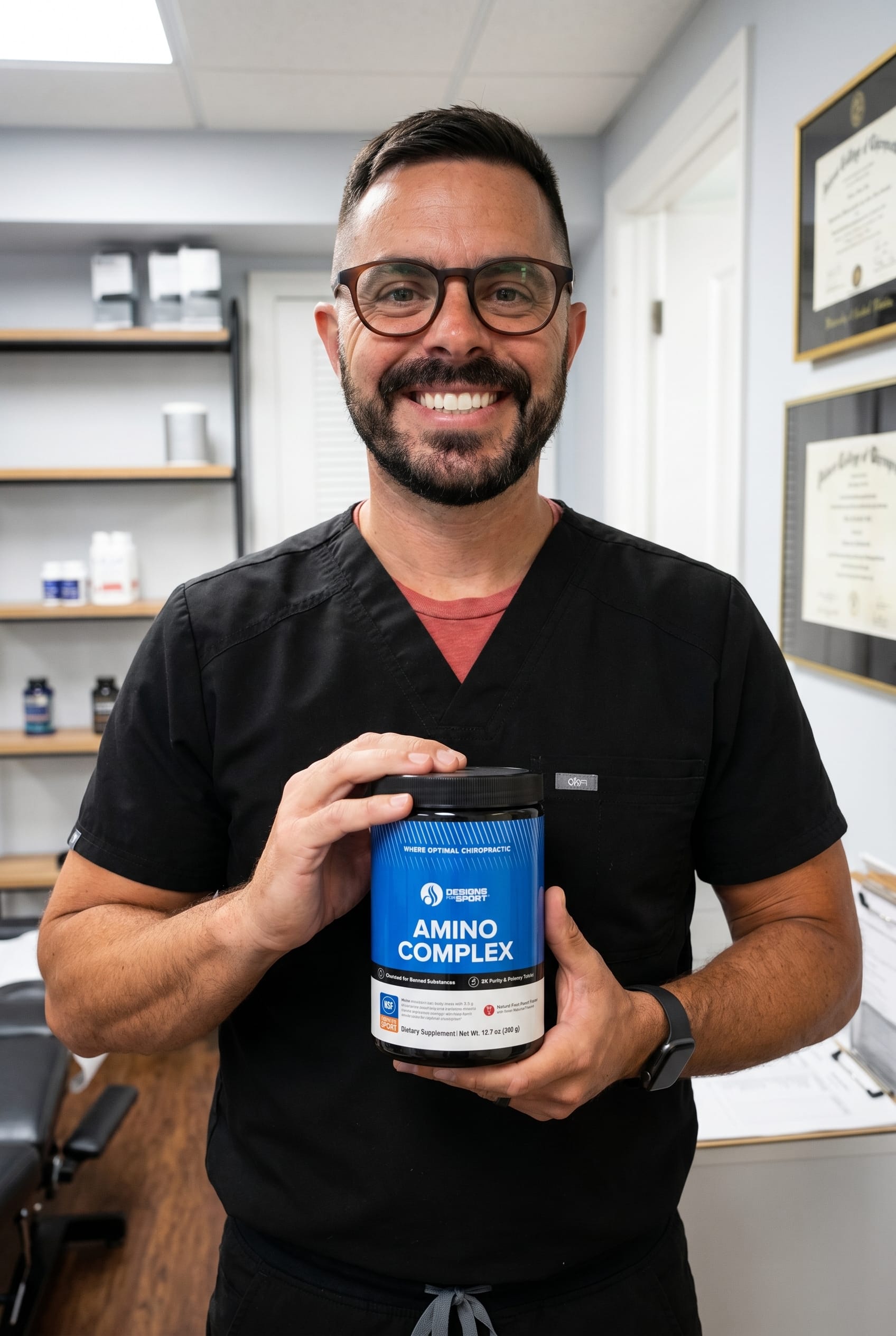 Dr. Bell holding amino-complex-ds