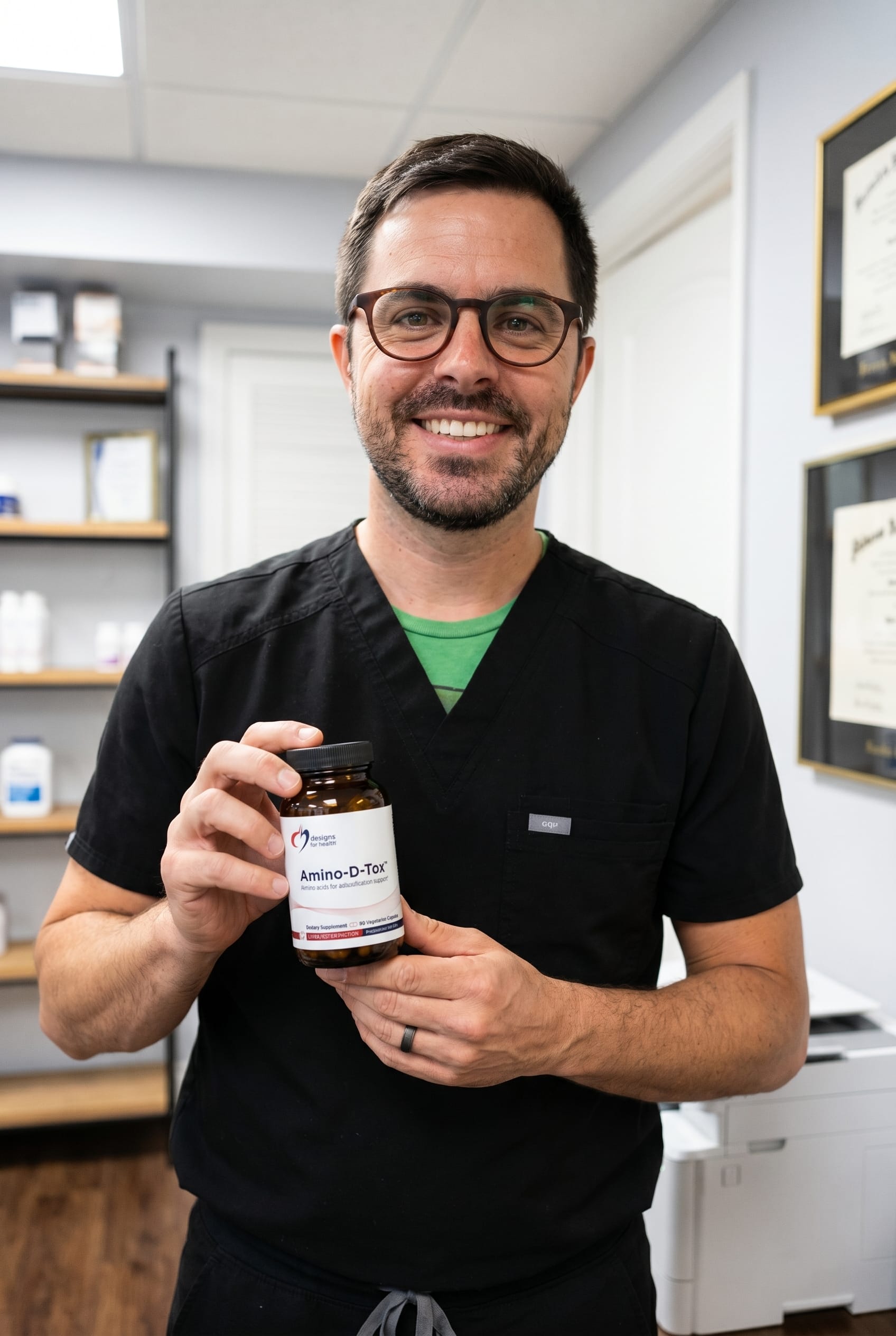 Dr. Bell holding amino-d-tox
