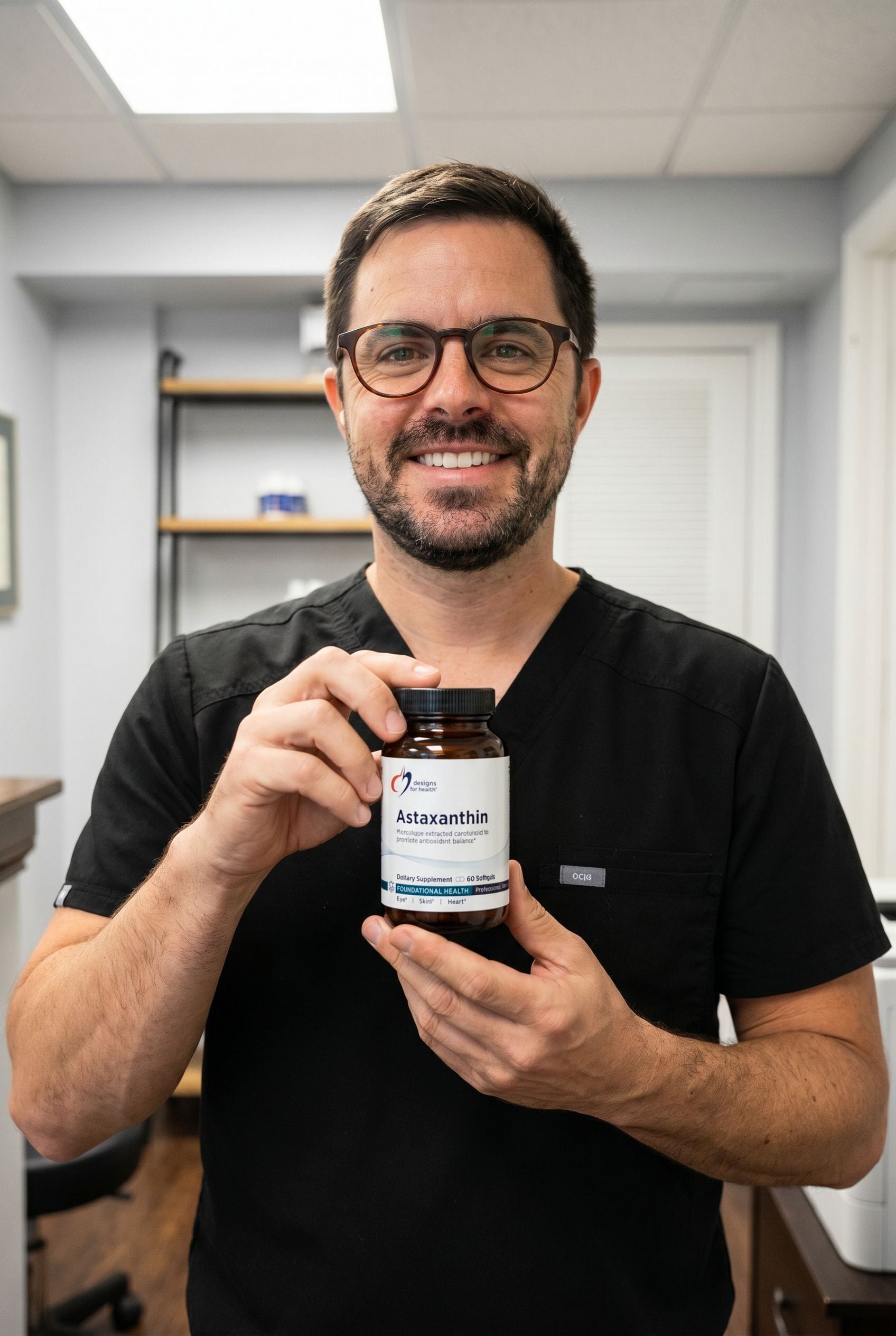 Dr. Bell holding astaxanthin