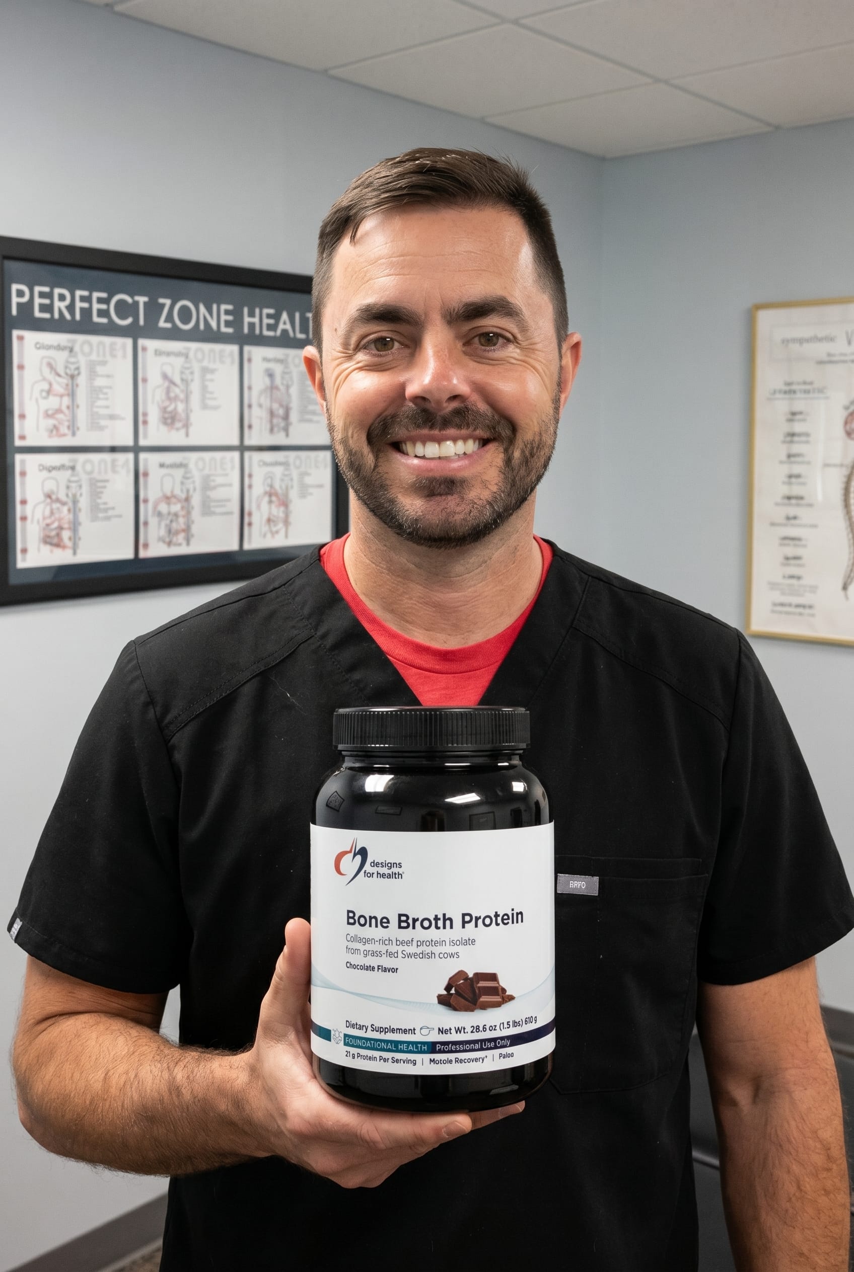 Dr. Bell holding Bone Broth Protein
