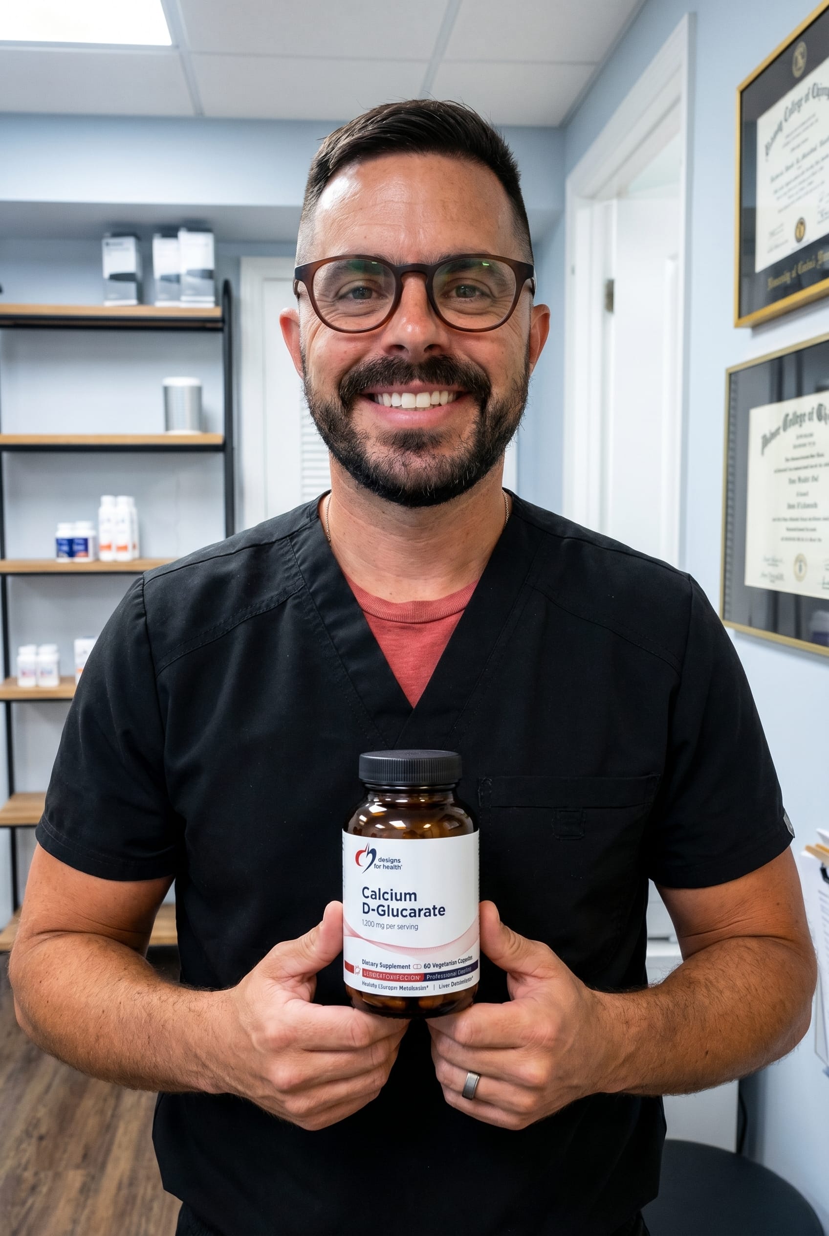 Dr. Bell holding calcium-d-glucarate