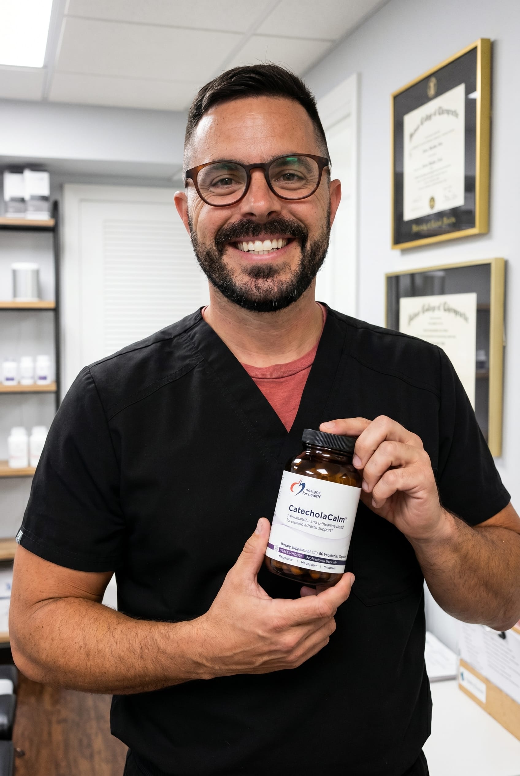 Dr. Bell holding CatecholaCalm