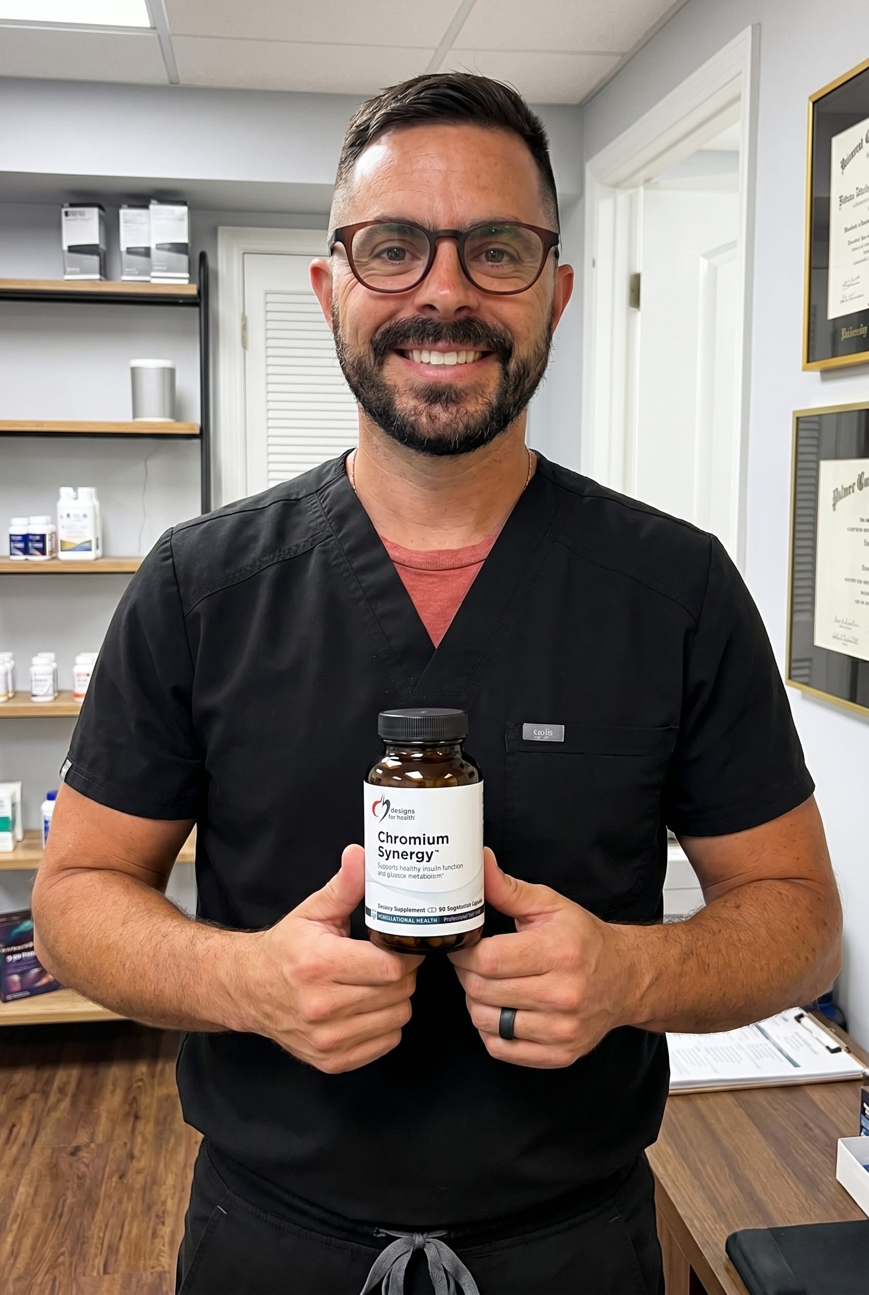 Dr. Bell holding chromium-synergy